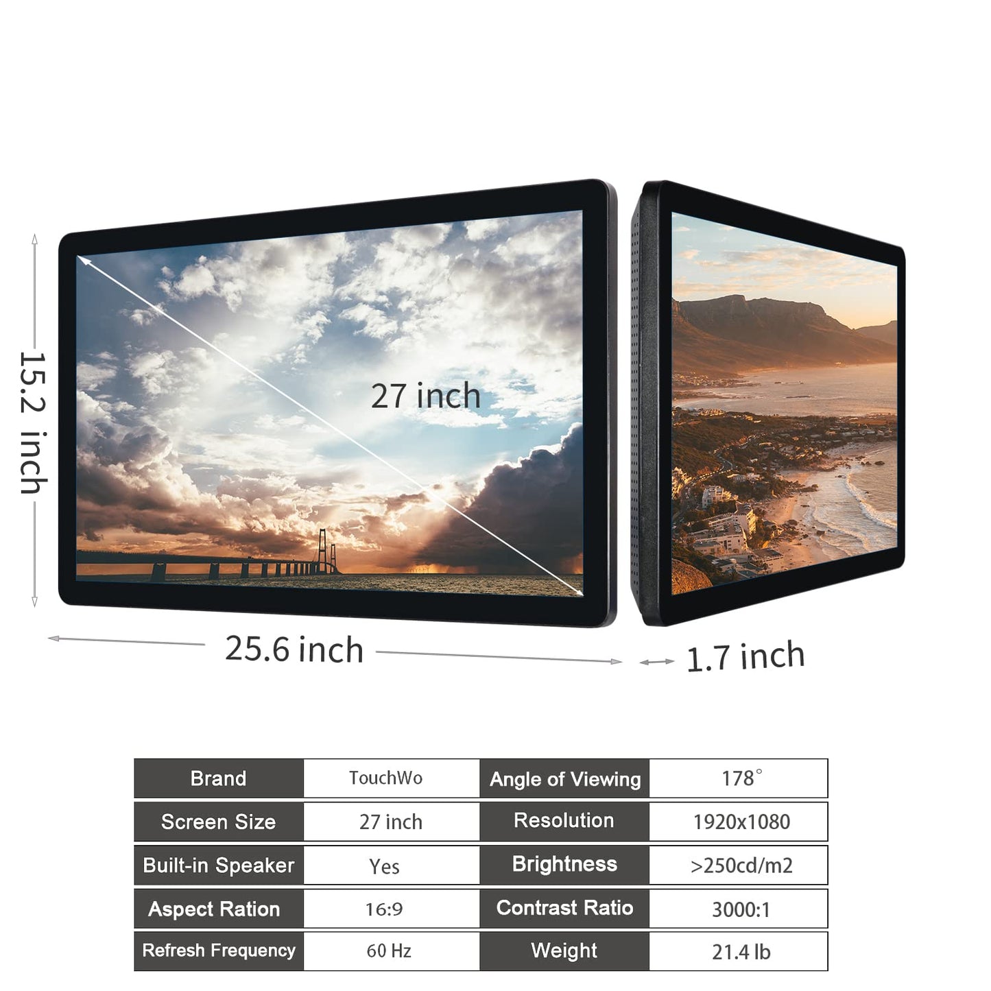 TouchWo 27 inch Android 11 Touchscreen Monitor Tablet, 16:9 FHD 1080P, WiFi & BT, Built-in Speakers, RK3568 2GB RAM & 32GB ROM, Smart Board for Classroom, Meeting & Game