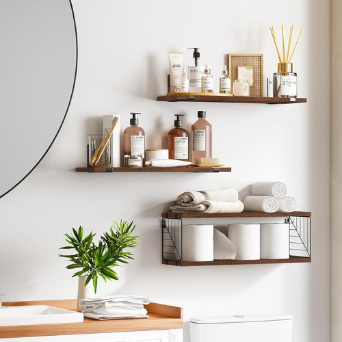 Fixwal Floating Bathroom Shelves - Rustic Wood Wall Decor for Bathroom, Living Room & Kitchen | 15.8in Dark Brown, 3 Plus 1 Tier