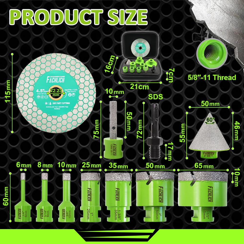 FACHLICH 3 inch Diamond Blade and Tile Hole Saw Kit Diamond - FACHLICH 11pcs 2-1/2" Diamond Core Drill Bits Set and 4.5" Diamond Cutting Grinding Blade