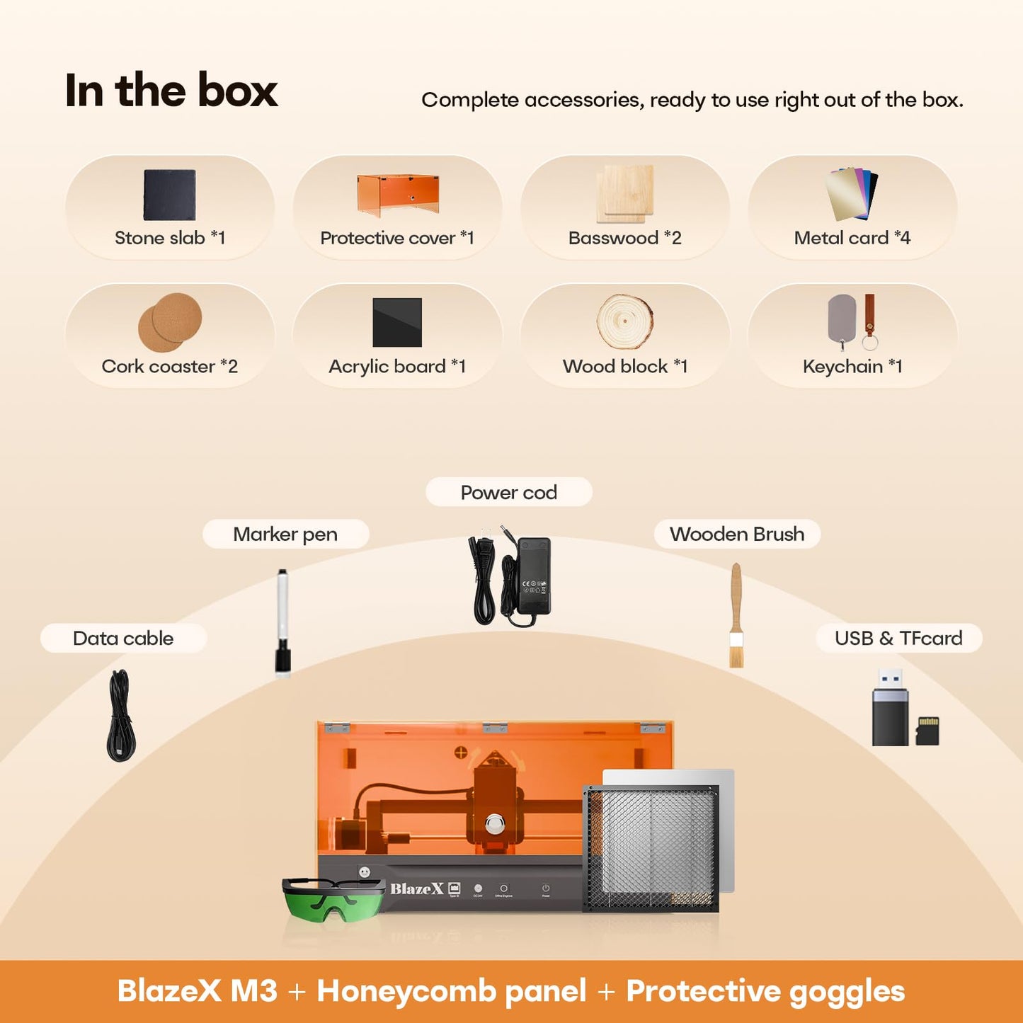 BlazeX M3 10W Laser Engraver Machine with Rotary Roller and Risers Kit, Honeycomb, Enclosure, Engraving Materials, Class 1