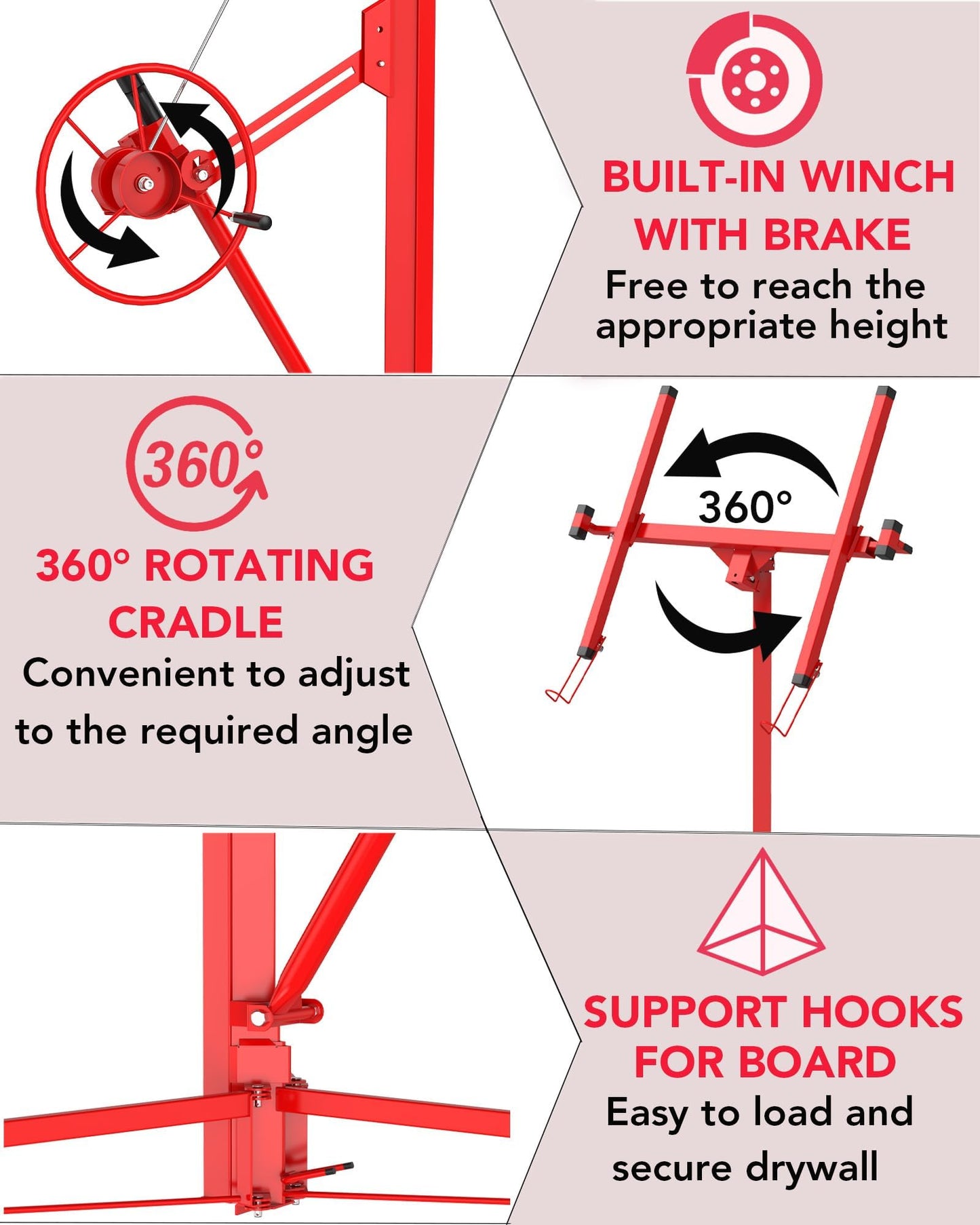 GarveeTech 16 ft Drywall Lift, Sheetrock Lift Drywall Lift, 150 LBS Capacity Drywall Lift Panel Hoist with 360° Adjustable Telescopic Arm & 3 Lockable Wheels, Red