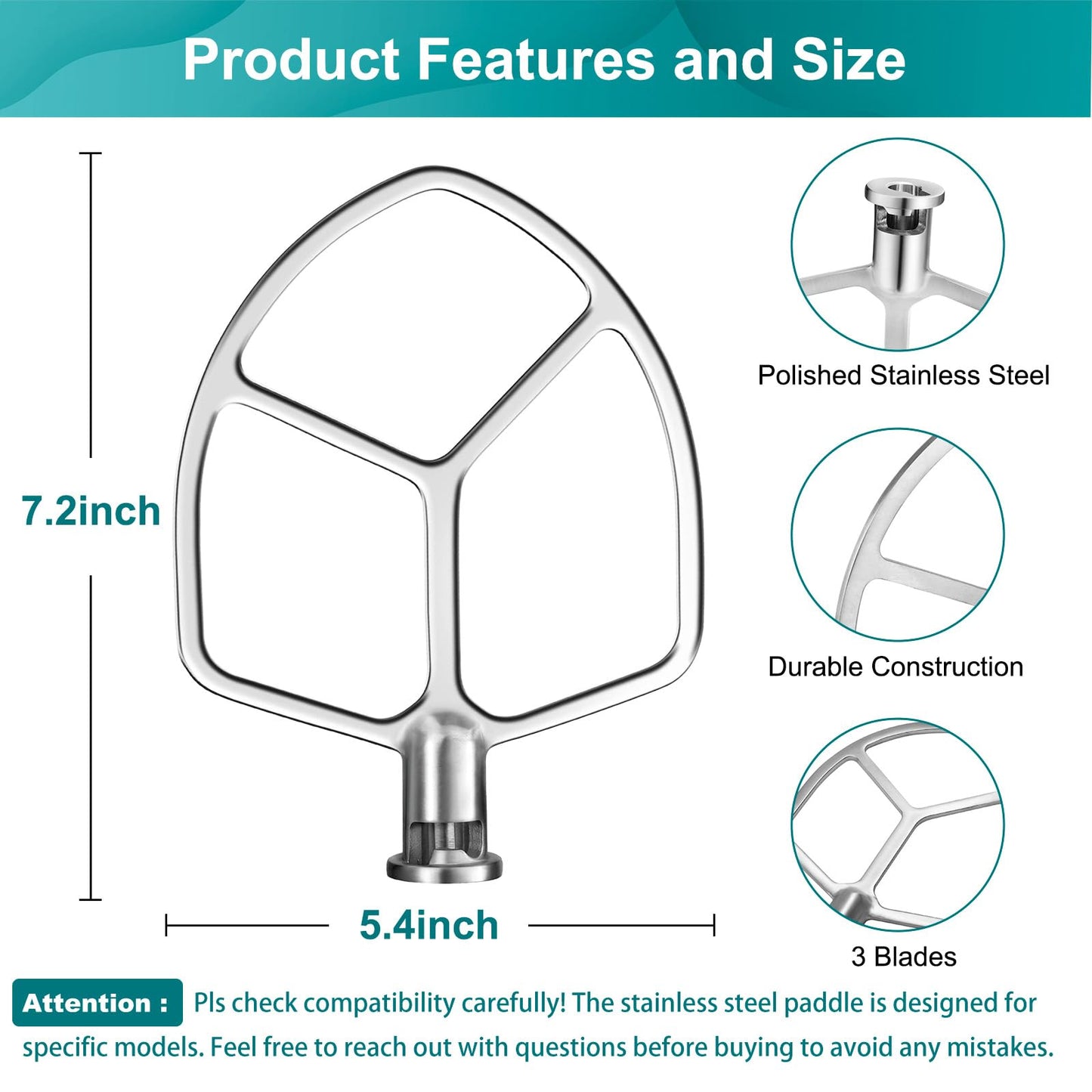 Flat Beater Compatible with KitchenAid 5-6 Quart Bowl-Lift Stand Mixer, airkitrep Polished Stainless Steel Paddle Attachment Replacement for Kitchen Aid Stand Mixers, Heavy Duty and Dishwasher Safe
