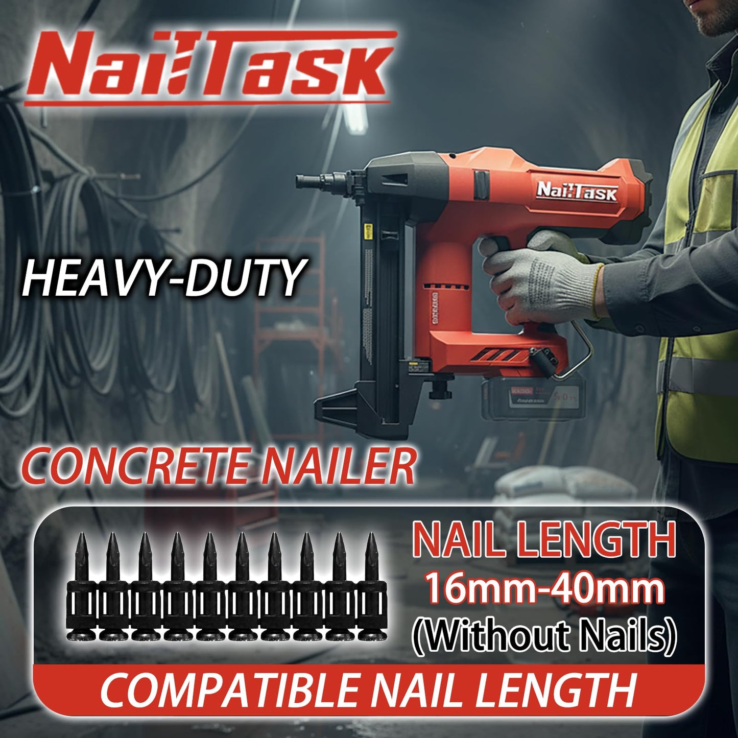 NailTask Cordless Electric Concrete Nail Gun 20V Power Pin Nailer Kit Fastener Machine Nailer Brushless Motor Tools (Without Battery) for Fastening Sheet Iron to Concrete Brick Wall Plumbing Work