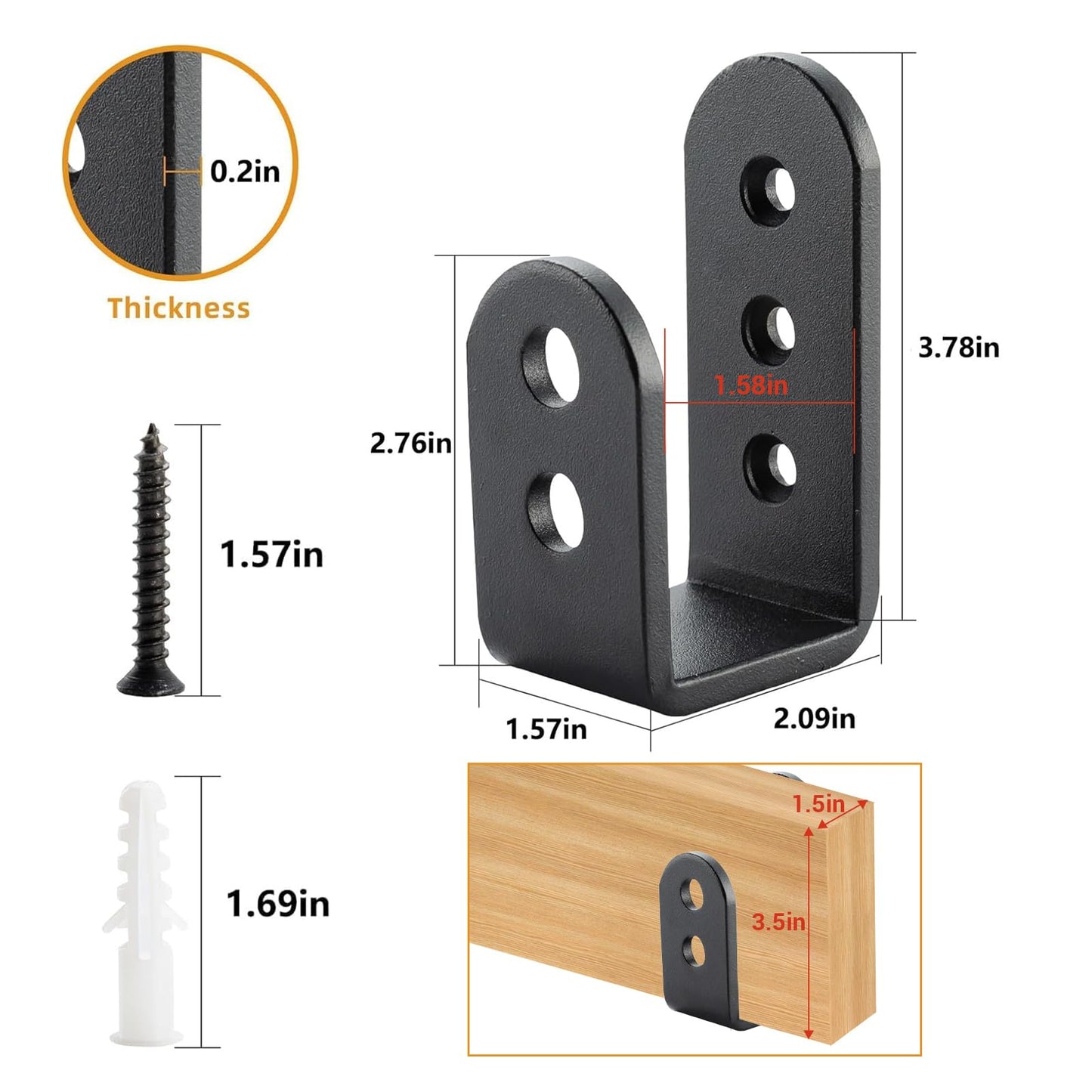 HOME MASTER HARDWARE 2×4 Door Barricade Brackets, Heavy Duty U Bracket for Indoor/Outdoor Door Security Brace Bar, Black,2 Pack
