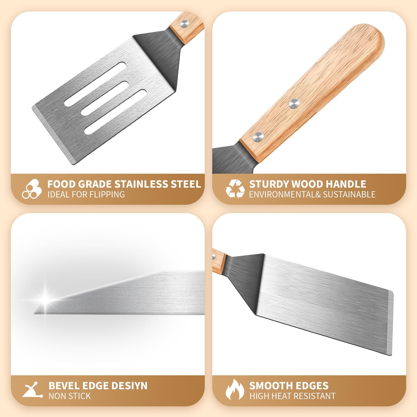 Stainless Steel Spatula Set, 2 Pieces Metal Spatula for Cast Iron Skillet, Metal Spatulas for Kitchen Use with Wooden Handle, Ideal for Frying Steak, Pancake, Cookie, Burger, Brownie or Desserts
