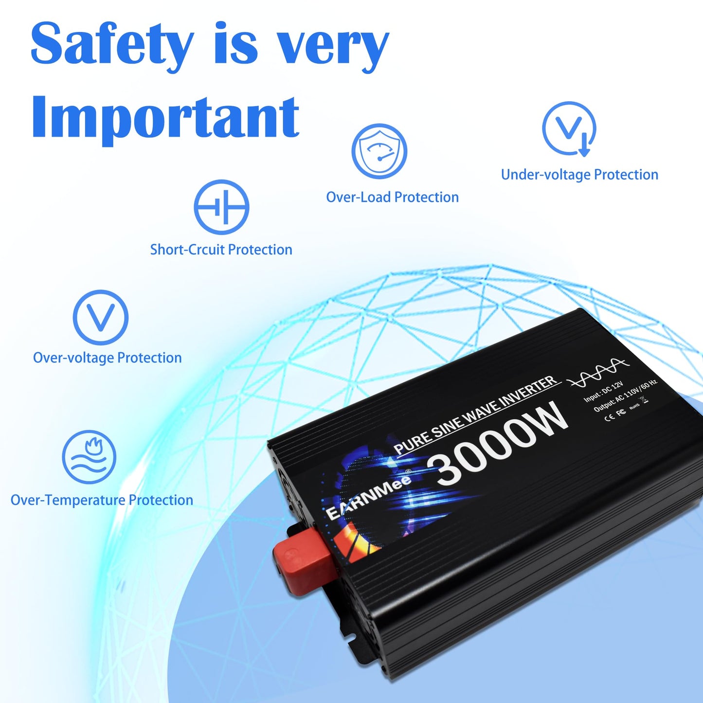 3000W Pure Sine Wave Inverter, Vehicle Converter,12V DC to 110V 120V AC for Car, RV, Truck, Home, Solar Power Inverter with LCD Display