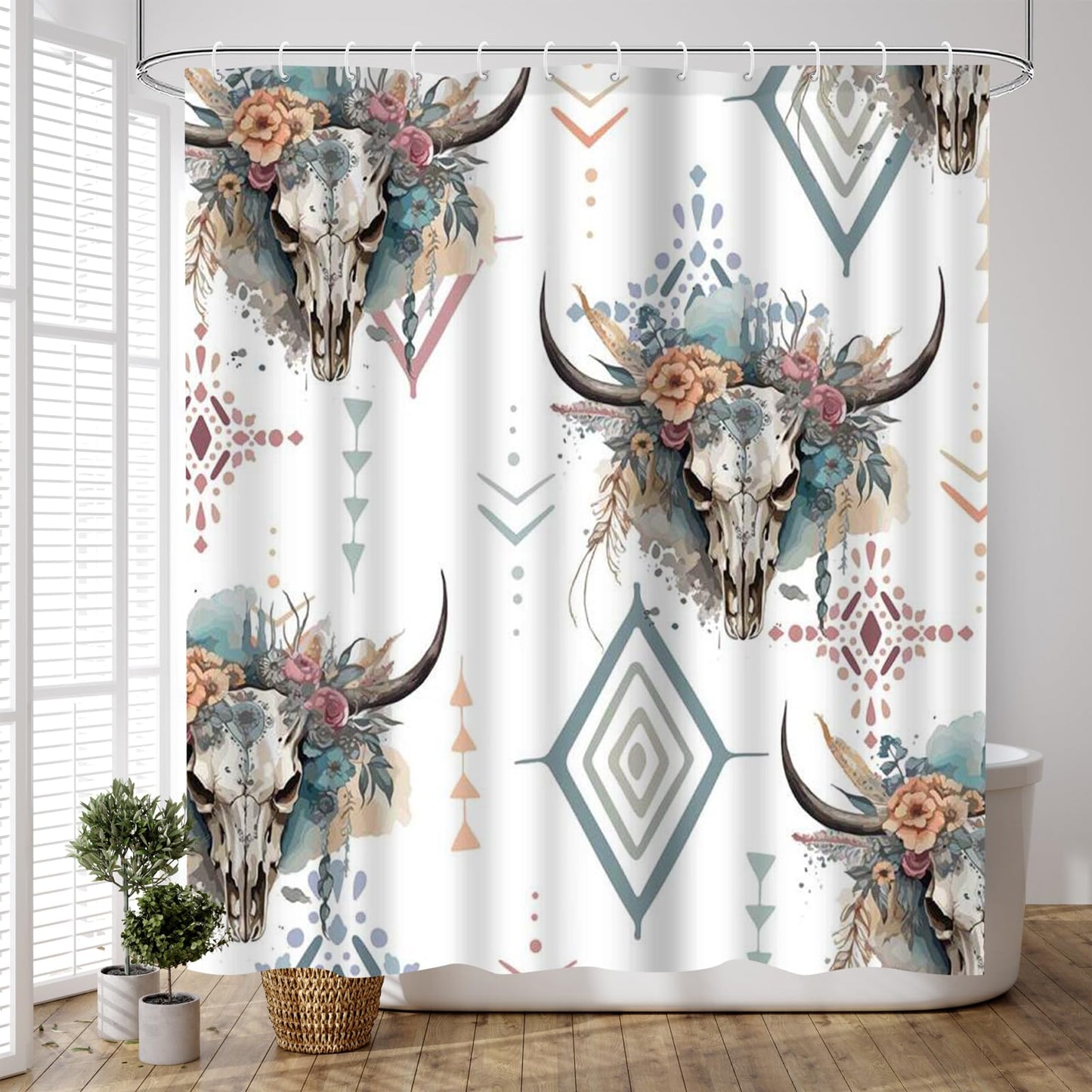 Ticuenicoa Western Cow Skull Shower Curtain Set, 4 Pcs 72x72 Inch Bathroom Decor with Bath Mat, U-Shape Rug, Toilet Lid Cover & 12 Rustic Hooks, Waterproof Anti-Slip Design