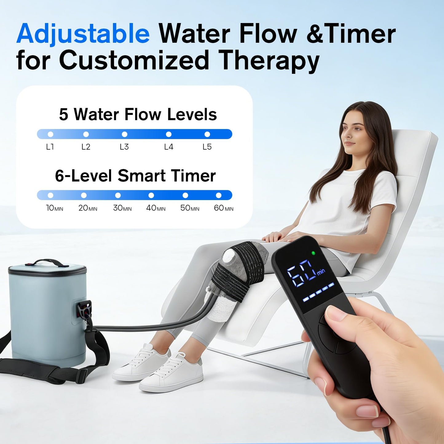 Portable Ice Machine for Knee After Surg – Customizable Knee Cold Therapy Machine with 6 Timer & 5 Flow Settings, 15 Quart Insulated Bucket, Ergonomic Fit, Ultra-Quiet Pump for Swelling Relief