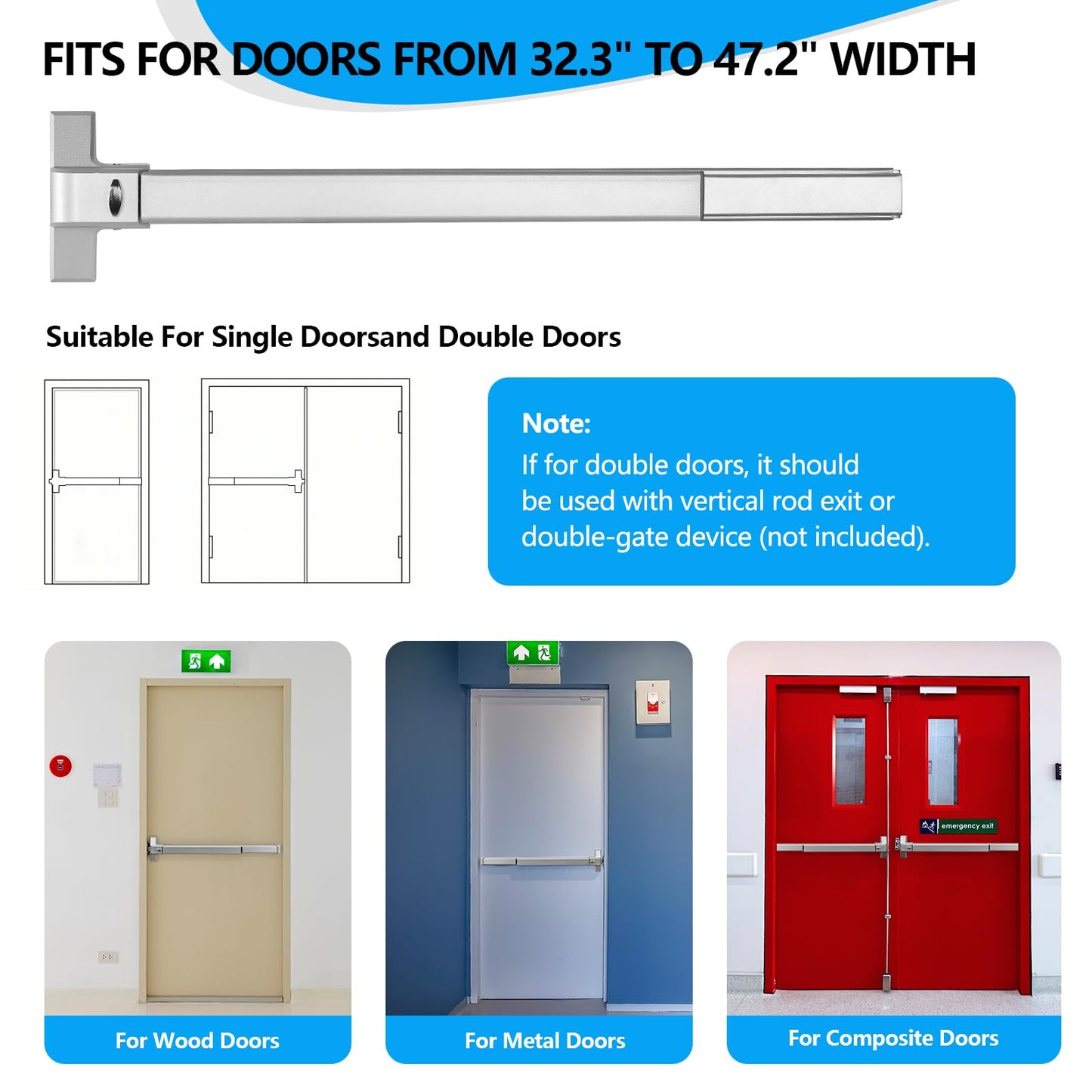 Commercial Door Push Bar Panic Exit Device with Exterior Lever - 31.5”/80cm Stainless Steel Panic Bars for Exit Doors, Emergency Exit Panic Door Hardware for 32”-48” Wood Metal Door, Silver