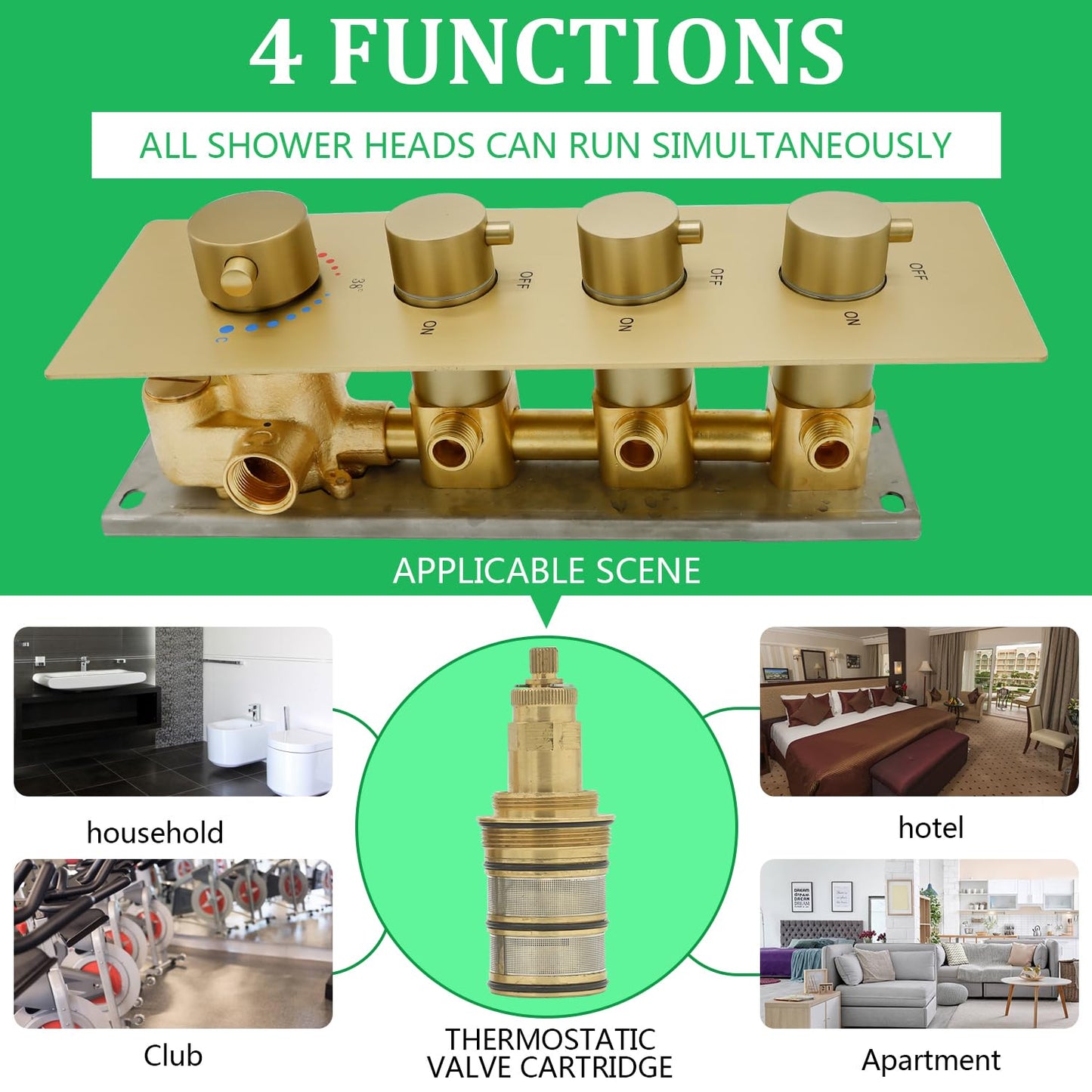 HOMEDEC 3 Function Shower Mixing Valve and Trim Kit, Brushed Gold 3 Ways Thermostatic Valve Flow Volume Control Vertical Shower Diverter Selector