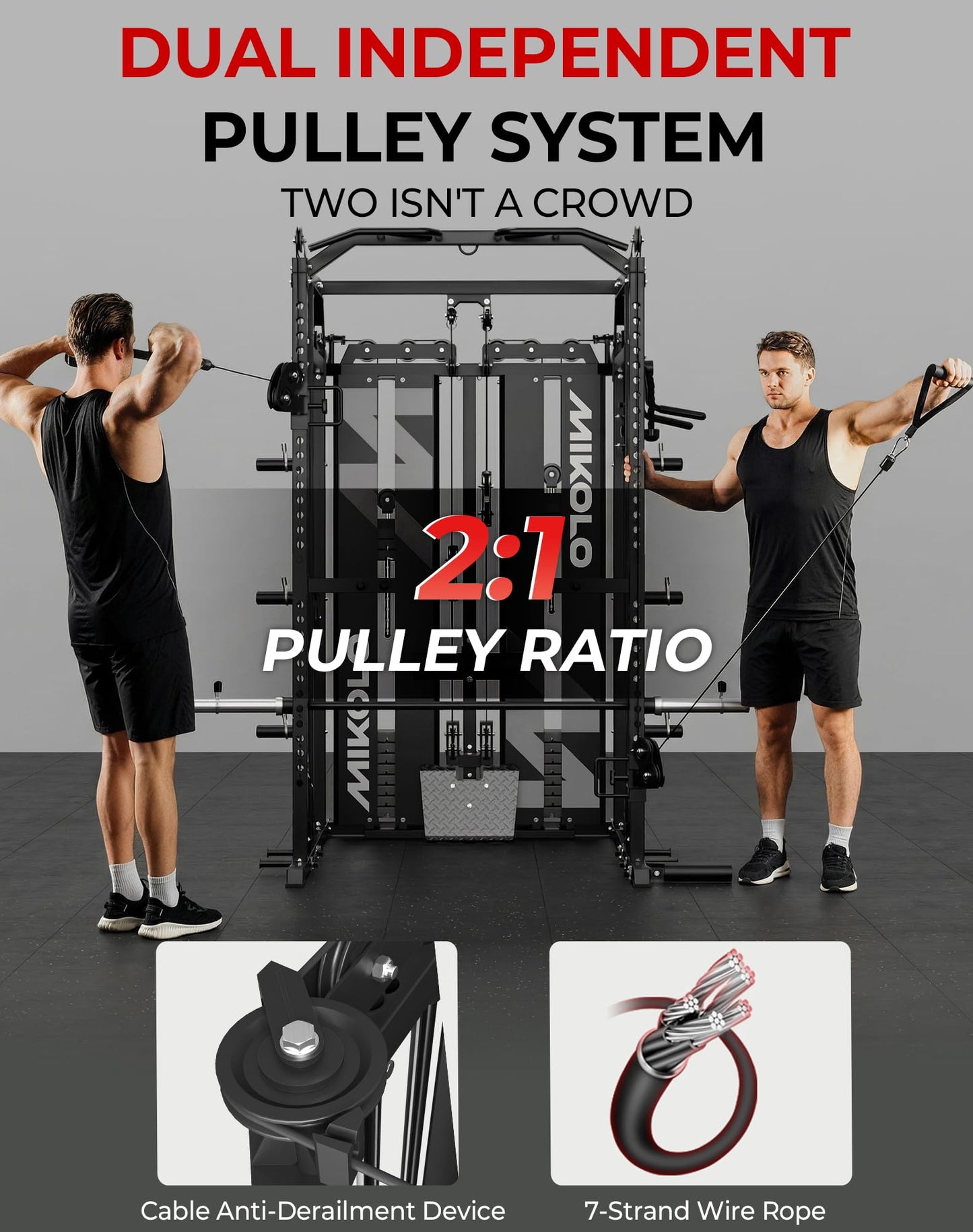 Mikolo Smith Machine with Weight Stack, Power Cage Home Gym System with LAT Pulldown & Cable Crossover, Multi-Functional Trainer with Dual Pulley System, BP 230lbs