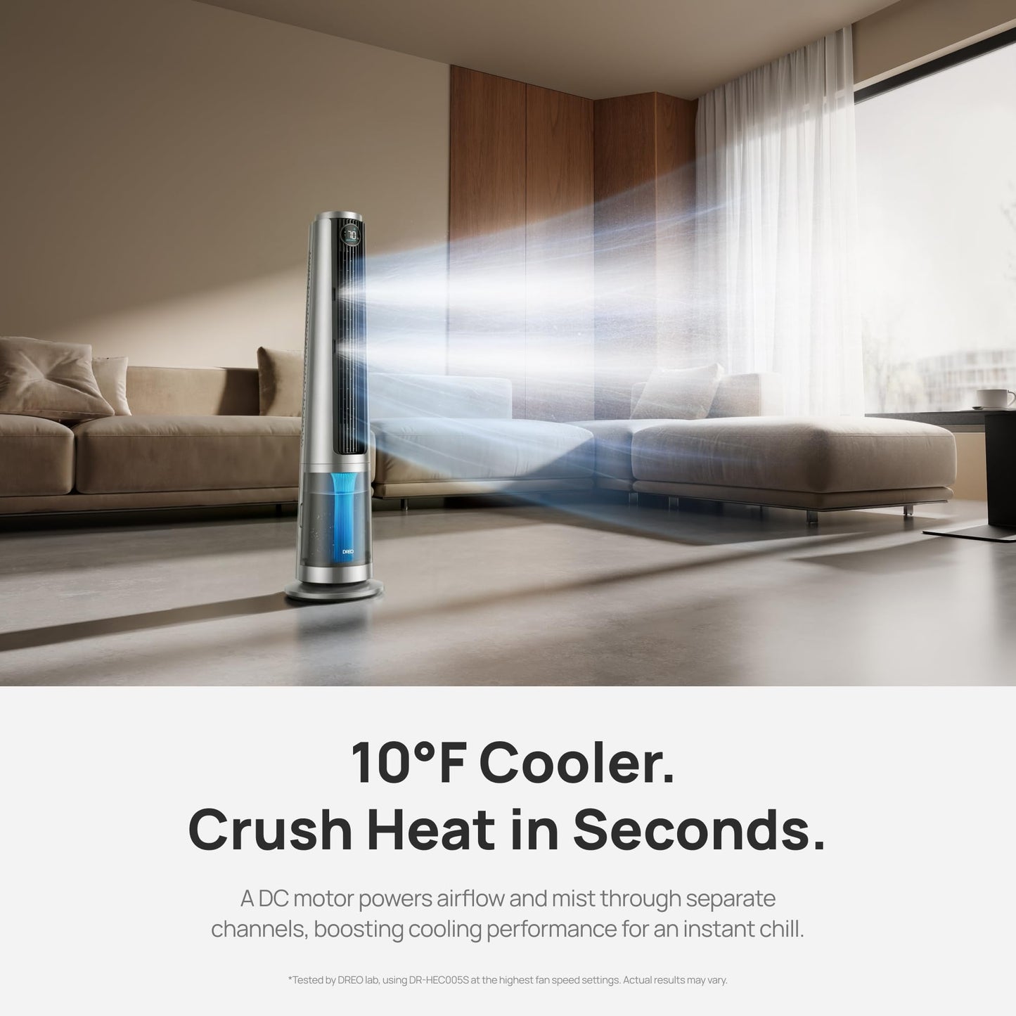 DREO TurboCool Misting Fan 765S, Fans that Blow Cold Air, 10°F Cooling, 34ft/s Fast Evaporative Air Cooler, 6L Tank, 20 dB Quiet DC Motor, 90° Tower Fan with 12 Speeds, 4 Modes for Home, Silver