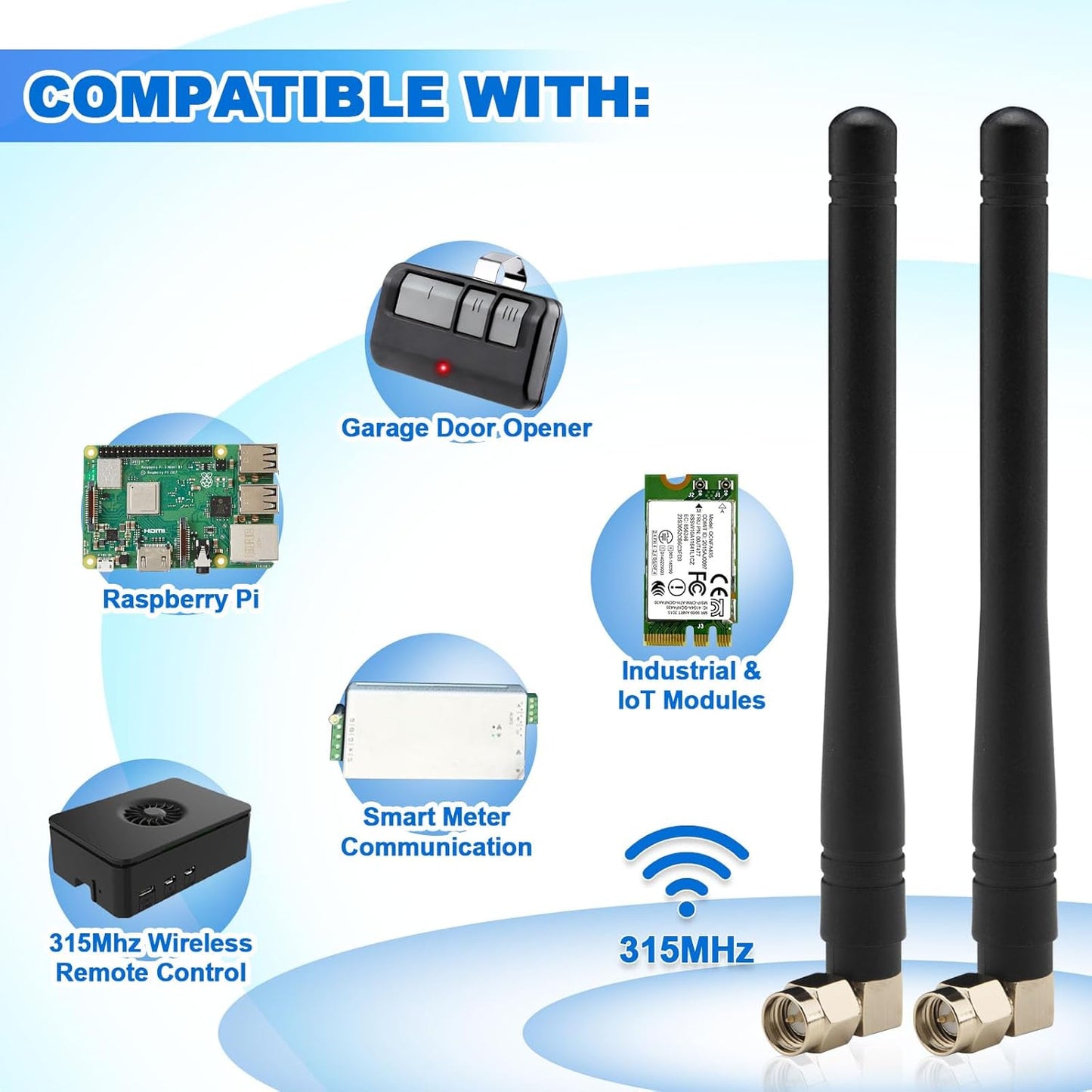 Kaunosta 315MHz 3dBi (2-Pack) CC1101, CCU3, SMA Male Antenna Right Angle Omni-Directional Antenna for Garage Door