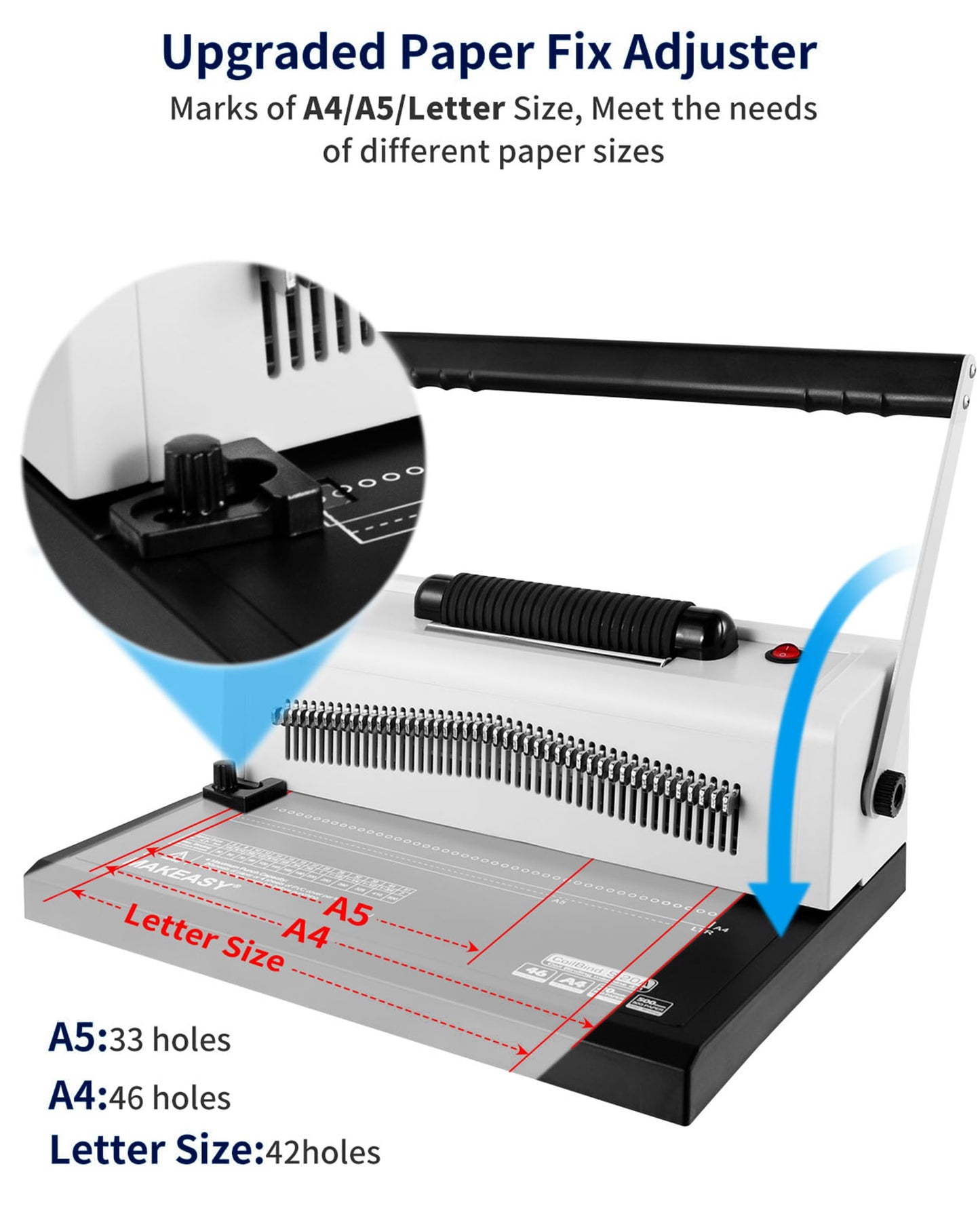MAKEASY Spiral Coil Binding Machine with 46 Fully Disengaging Pins - 4:1 Pitch - Electric Coil Inserter - Adjustable Side Margin, Comes with Free 1 Box Coil Spines & Plier, 20 Sheet Punch Capacity