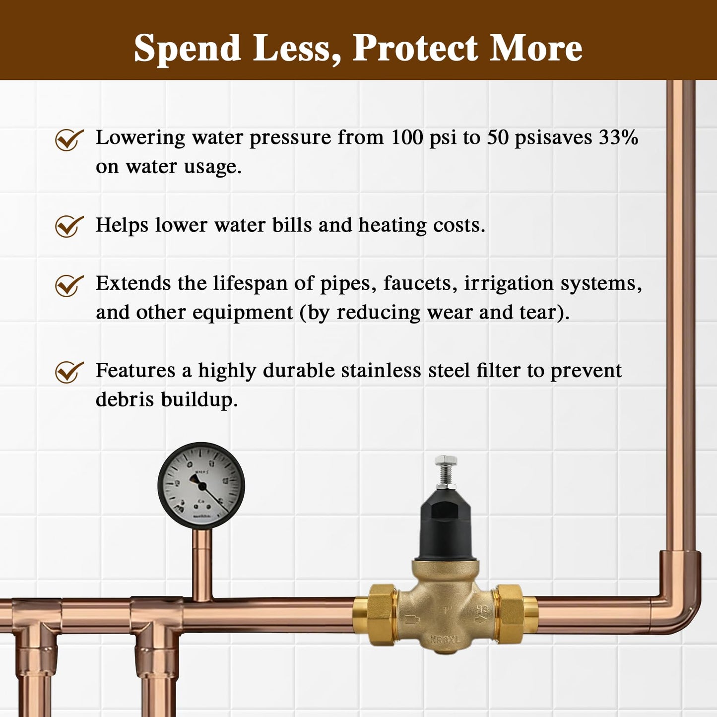1" NR3XLDU Water Pressure Reducing Valve, 1" NR3XL with Double Union FNPT Connection, No Lead Water Pressure Regulator for Home & Commercial Use