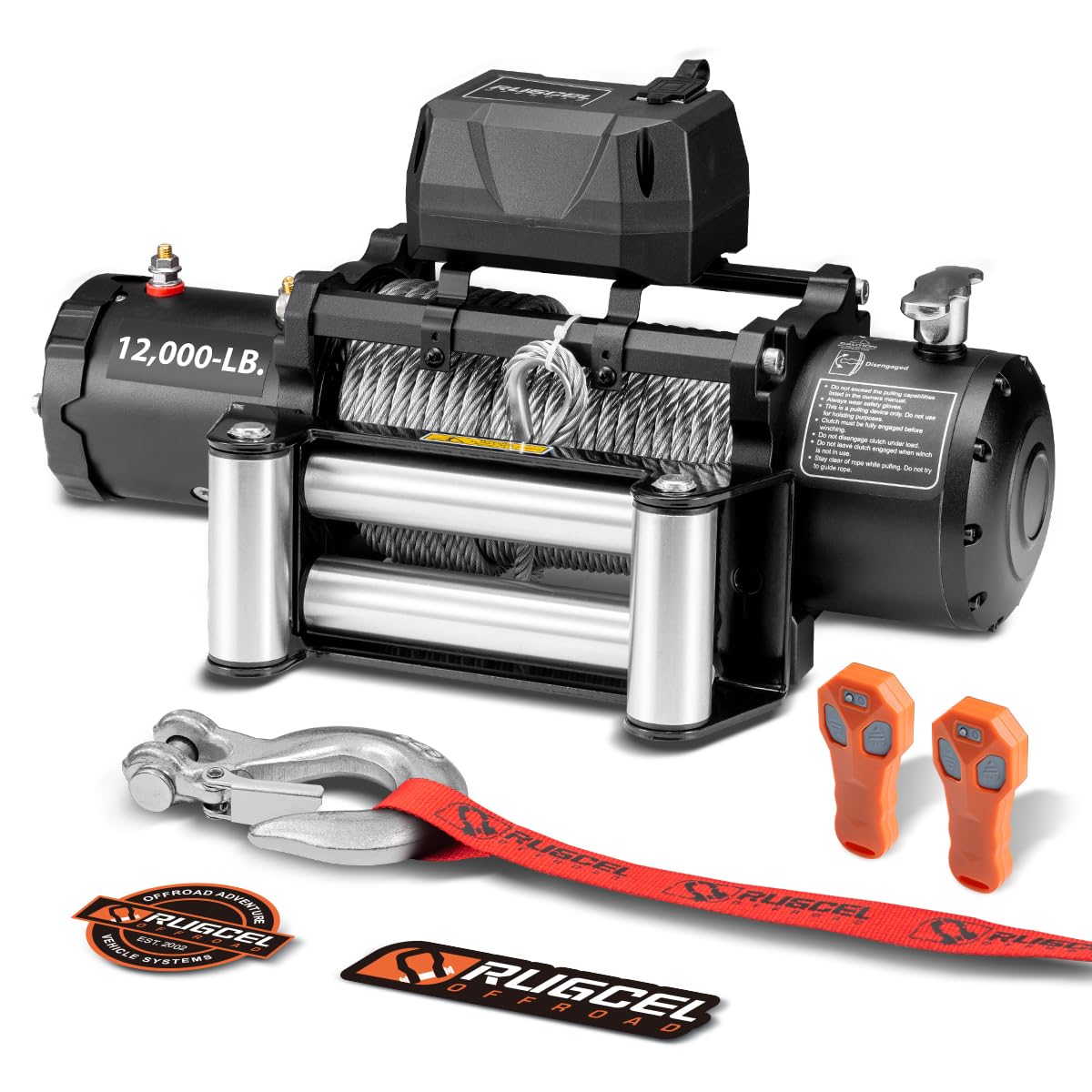 RUGCEL 12000lb Waterproof Electric Winch – 12V Steel Rope (85ft) with Roller Fairlead, IP67 Rated, 2 Infrared Remotes + Wired Handle, for Truck & Wrangler