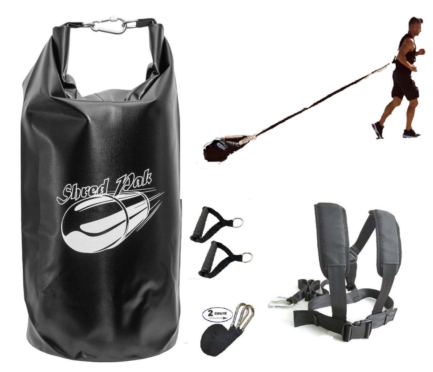 Upgraded ShredPak - Resistance Training System - Weight Sled Harness Weight Bladder & Handles - Most efficient Workout for Athletes - Burn 3X The Calories - 4-Piece Kit for Gym, Home and, Outdoor