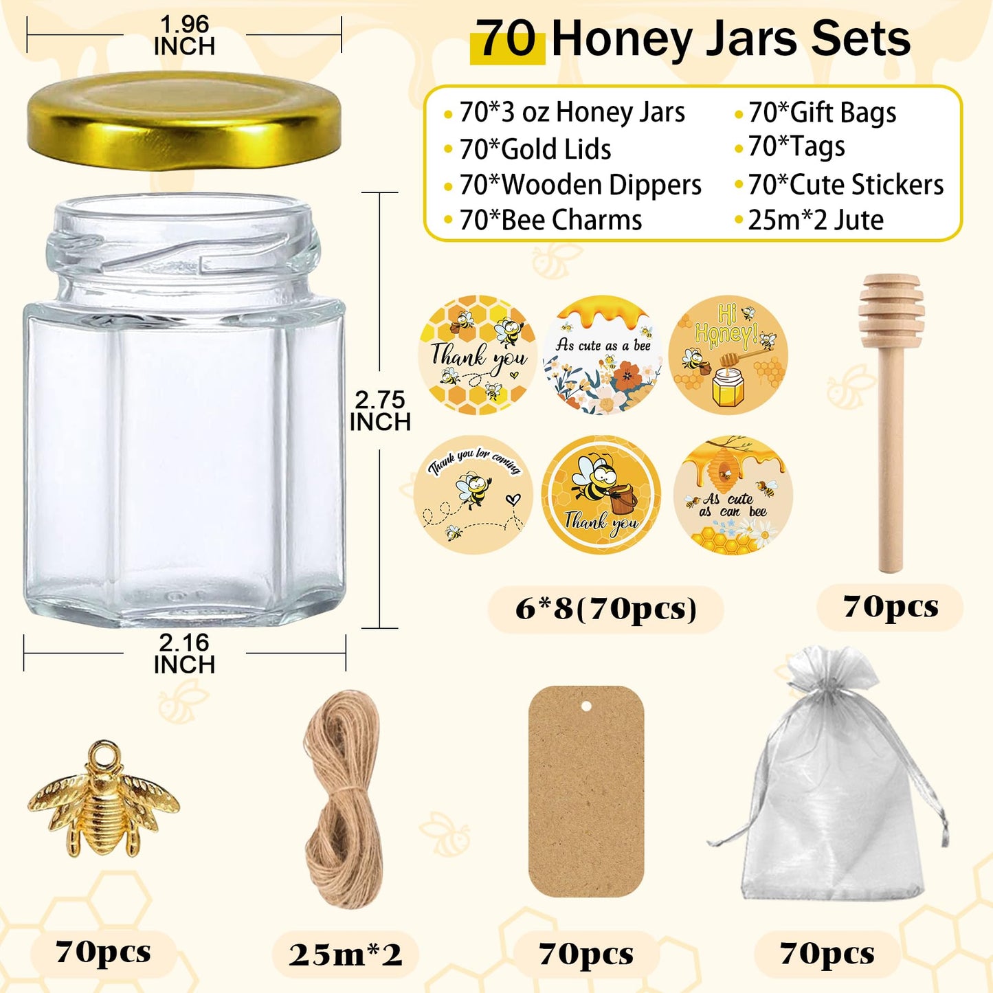 Aliggbent 70 Pack Small Honey Jars for Party Favors in Bulk, 3 oz Mini Hexagon Glass Honey Jars with Dippers, Lids, Cute Stickers, Bee Charms, Gift Bags and Jute for Baby Showers, Weddings, Birthdays
