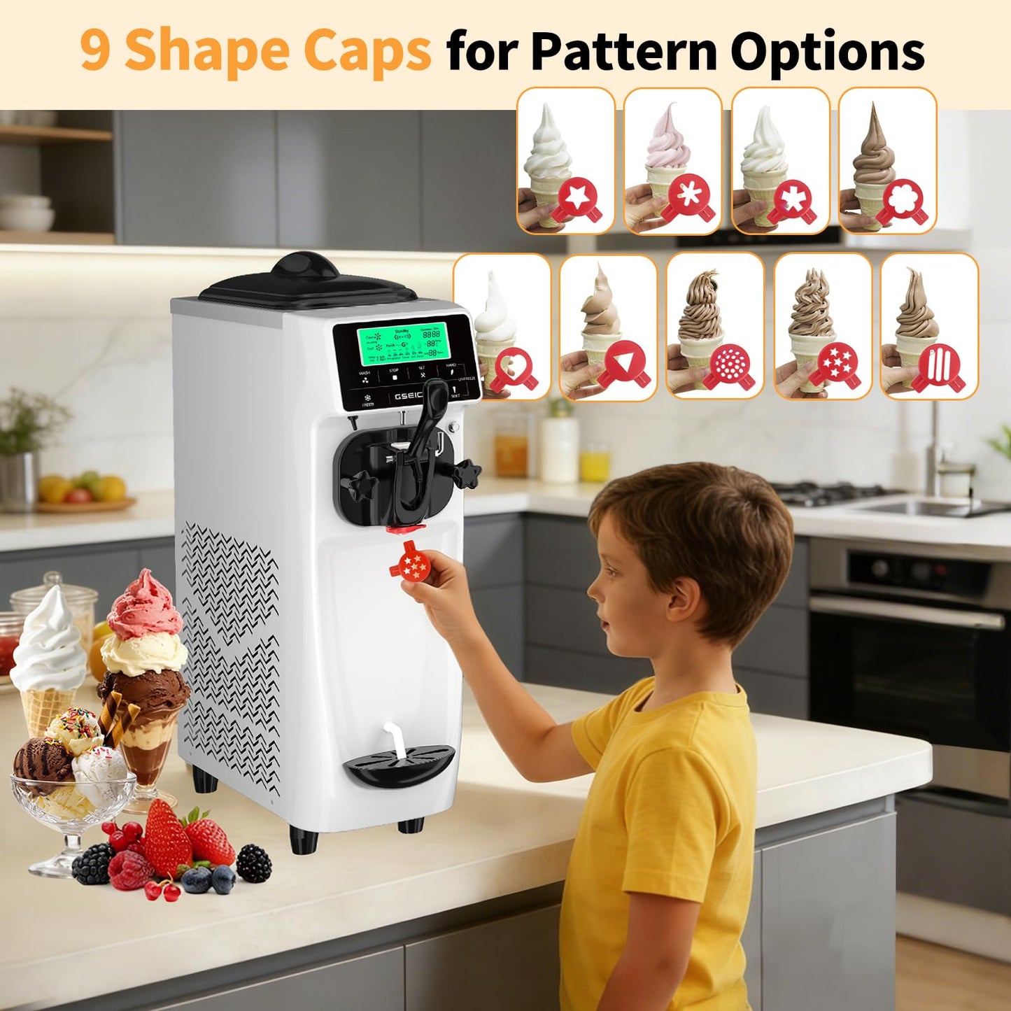 Ice Cream Machine – 3.5 Gals/H Single Flavor Ice Cream Maker 5 Inch Screen Soft Serve Ice Cream Machine with Pre-Cooling Soft Serve Machine with 1.6 Gals Tank for Home, Parties,Cafés,and School