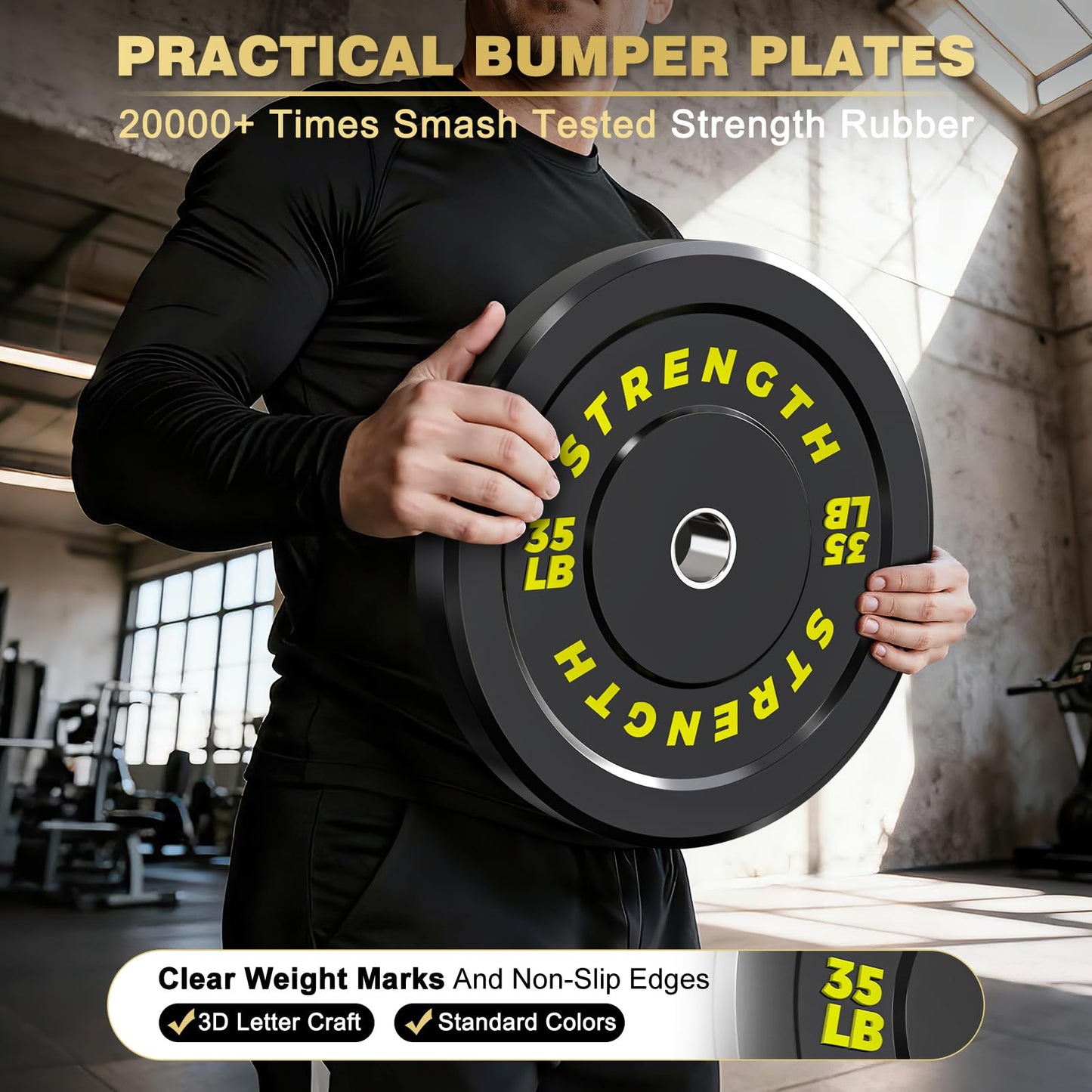 Rendpas 2-Inch Olympic Bumper Plates, 100% Virgin Rubber Low Bounce Barbell Weight for Home Gym Strength Training, 10lb-45lb Black with Color-Coded