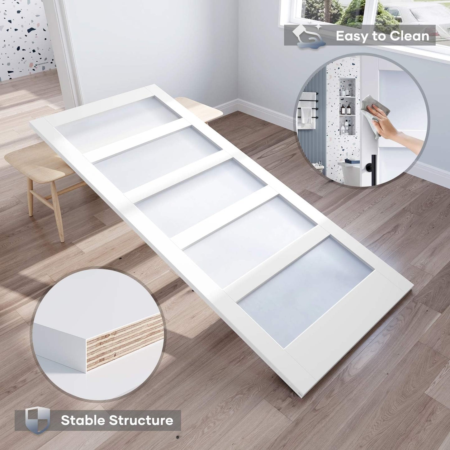 ROYMELO 42x84 Inch Glass Sliding Barn Door Slab and 7ft Hardware Kit Included, 5 Frosted Glass, LVL Wood Panel Covered with White Water-Proof Scratch-Proof PVC Surface, Simple DIY Assembly