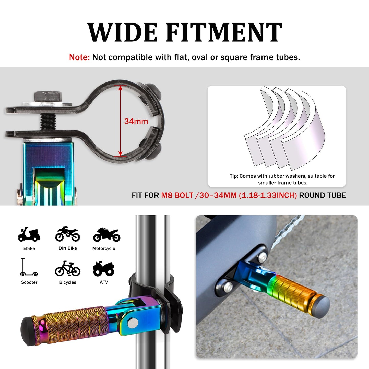 XINGWU M8 Motorcycle Foot Pegs 90 Degree Foldable Footpegs CNC Anti-Skid Footrest for Yamaha Honda Suzuki Aprilia Electric Car Motorbike Mini Bike Dirt Pit Bike Passenger Pedal Colorful