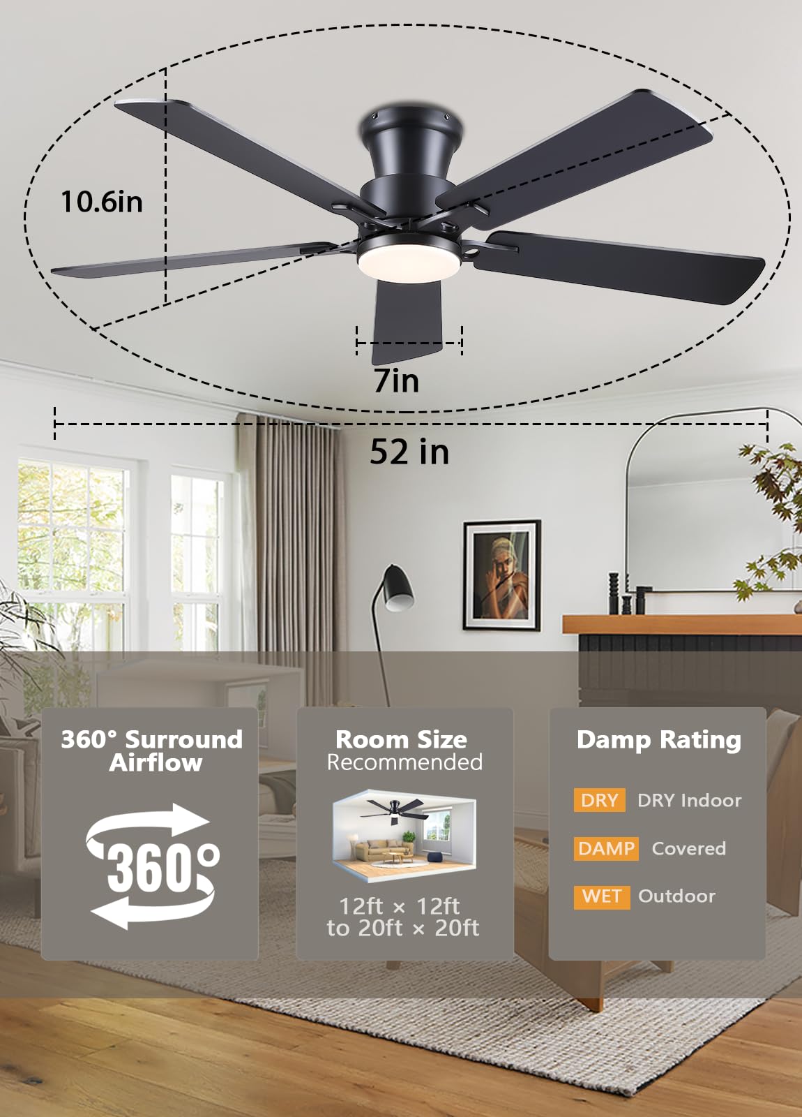 JSAITEE Ceiling Fans with Lights - Flush Mount Low Profile Flush Mount Ceiling Fans,DC Reversible Motor, 3CCT Dimmable, Noiseless, 6 Speeds Black Modern Ceiling Fan for Indoor/Outdoor