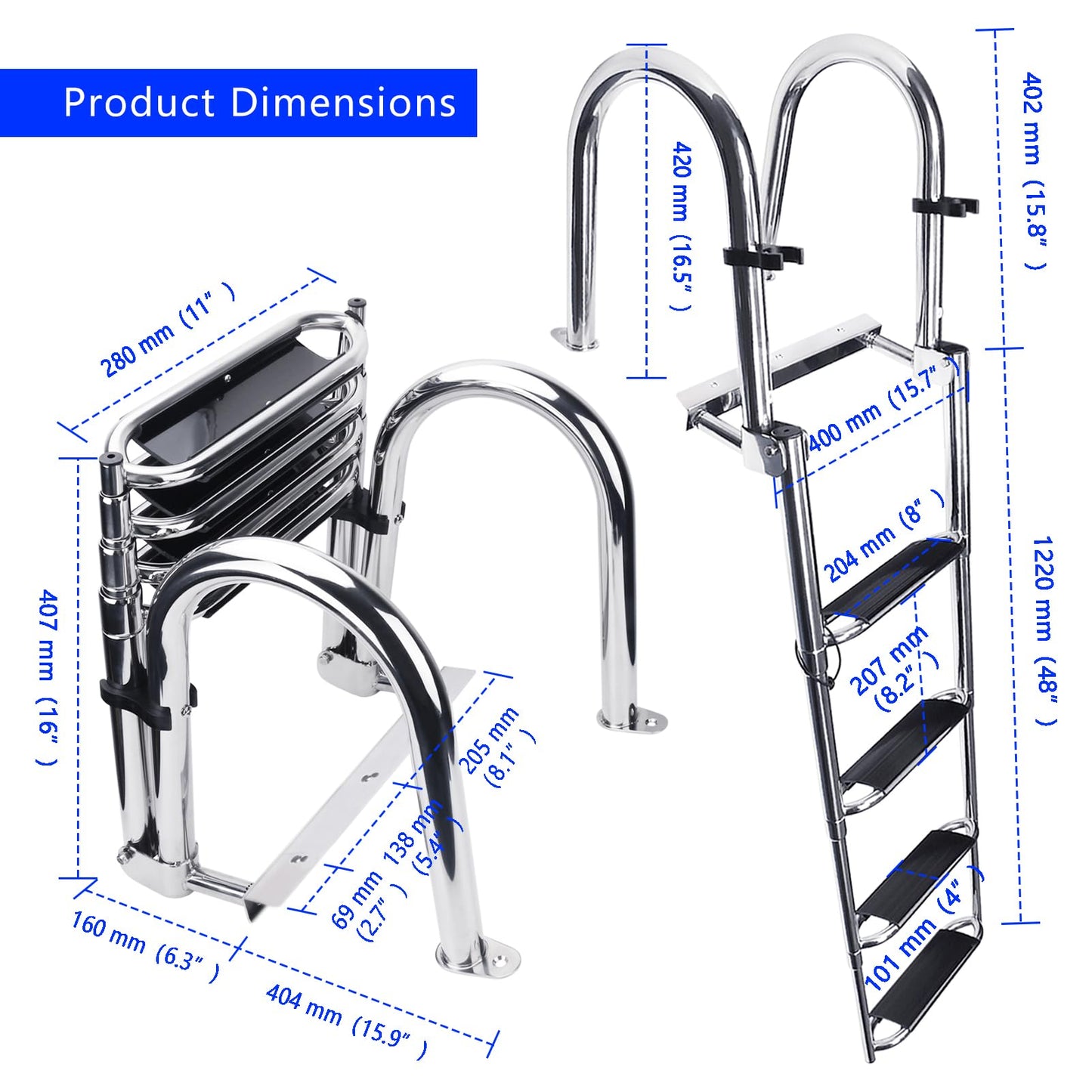 Heavy Duty Pontoon Boat Ladder, 316 Stainless Steel 4 Step Telescoping Folding Rear Entry Inboard Ladder All Welded Reinforce Dock Swim Deck Ladder with Wide Steps Strong Handrails