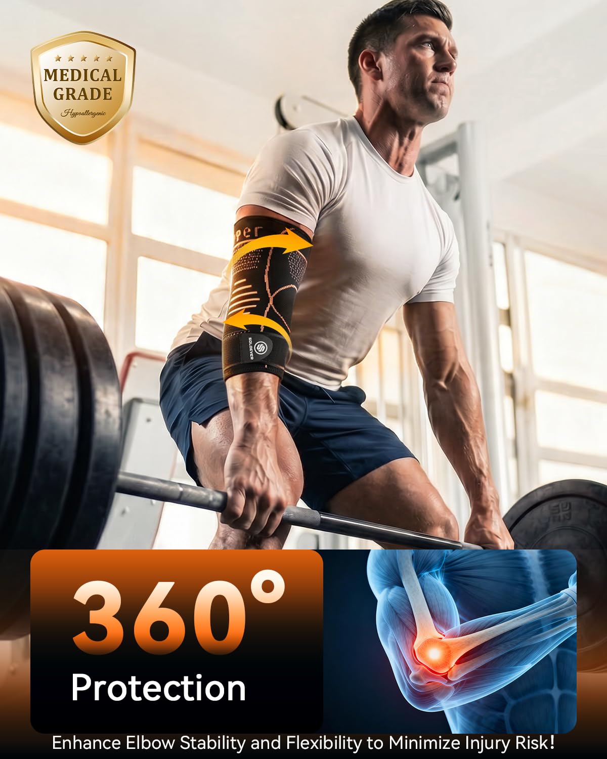 SOLOEVER Copper Elbow Compression Sleeve with Adjustable Strap [Medical-Grade ＆ Targeted Support] Elbow Brace for Tendonitis and Tennis Elbow - Elbow Support for Weightlifting, Golfers, Arthritis, Bursitis - Fit for Men & Women