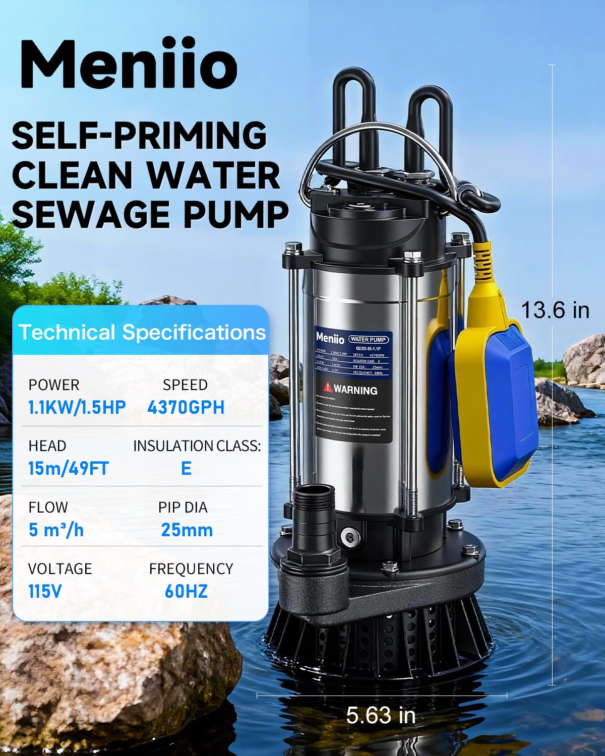 Meniio 1.5HP Submersible Sump & Utility Pump, Stainless Steel Water Pump with Float Switch, High Flow 4370 GPH, 49 ft Max Head, for Basement Drainage, Irrigation, Pool, Garden Pond