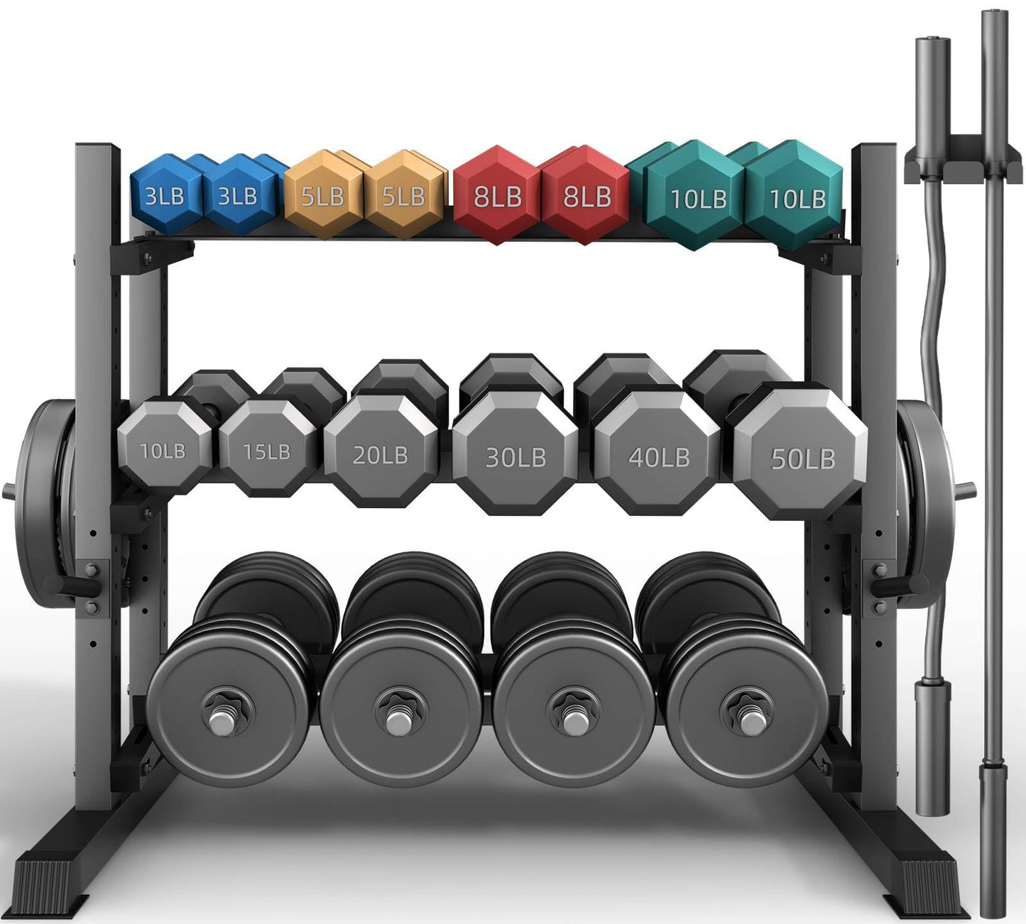 3-Tier Professional Dumbbell Rack, Commercial Grade Dumbbell Storage Rack,1800LB Capacity with Barbell Holder, Adjustable Heavy-Duty Weight Rack for Home Gym, Weight Stand for Dumbbells, Kettlebells & Weight Plates (Rack Only)