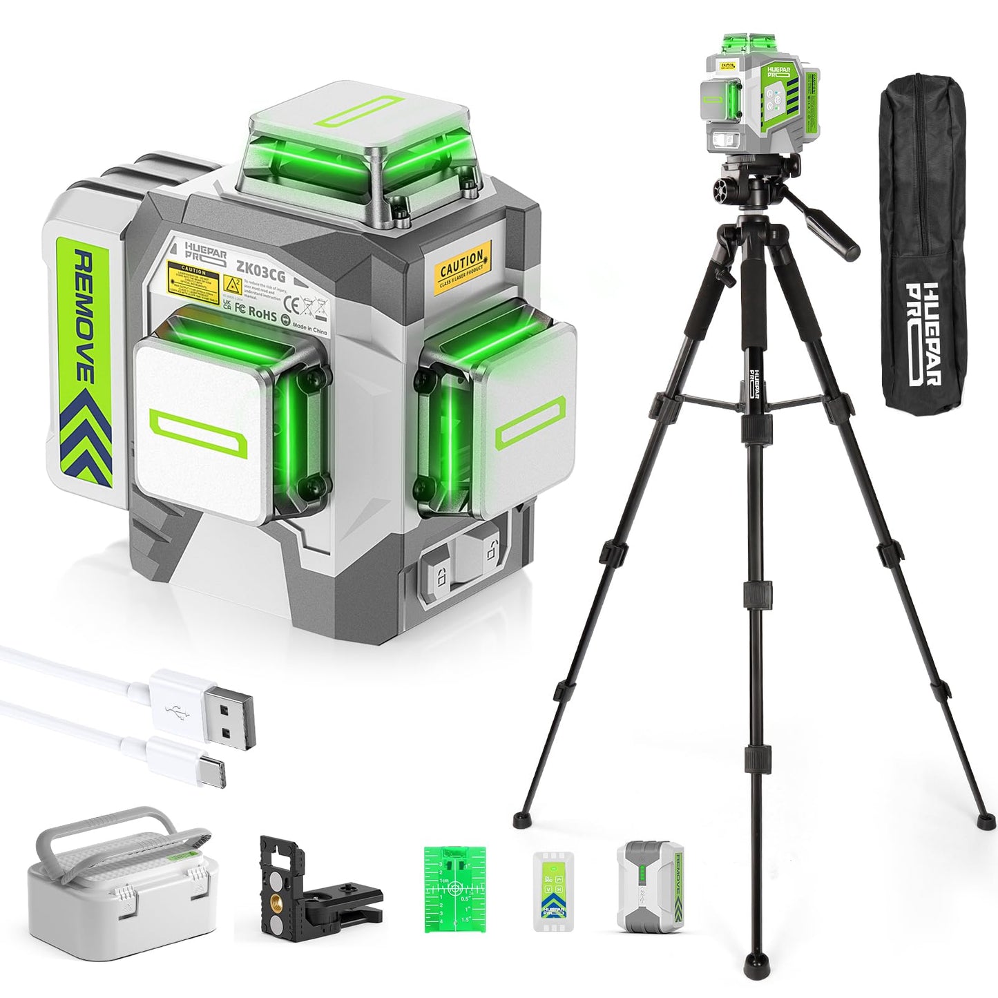 Huepar Pro Laser Level 360 Self Leveling with 50inch Tripod, 3 x 360° High Brightness Green Laser Leveler Tool for Construction, Tile and Picture Hanging, Rechargeable Battery & Magnetic Bracket