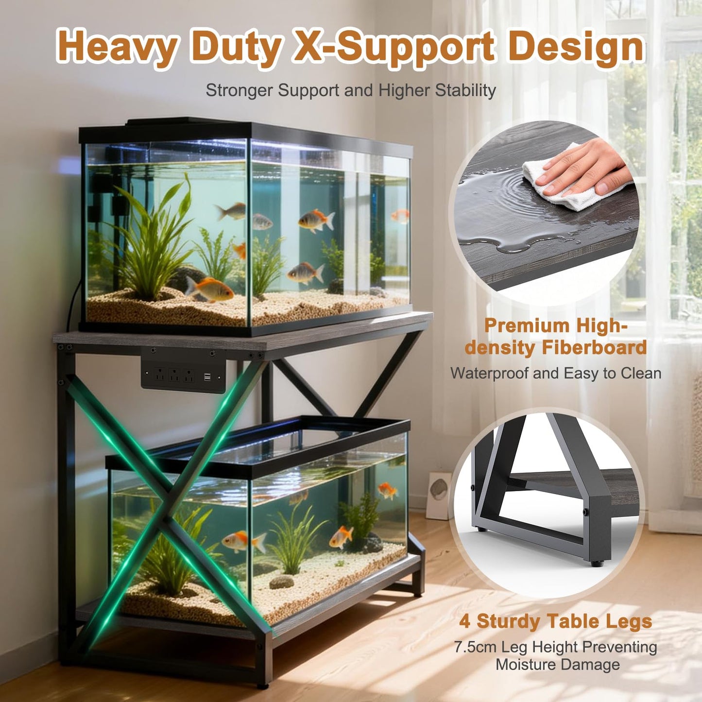 fishkeeper Heavy Duty Metal 50 Gallon Aquarium Stand with Charging Station, 2-Tier Storage Shelves with USB Ports and Outlets, 720LBS High Load Capacity Fish Tank Stand for Reptile/Turtle/Breeder Tank Stand