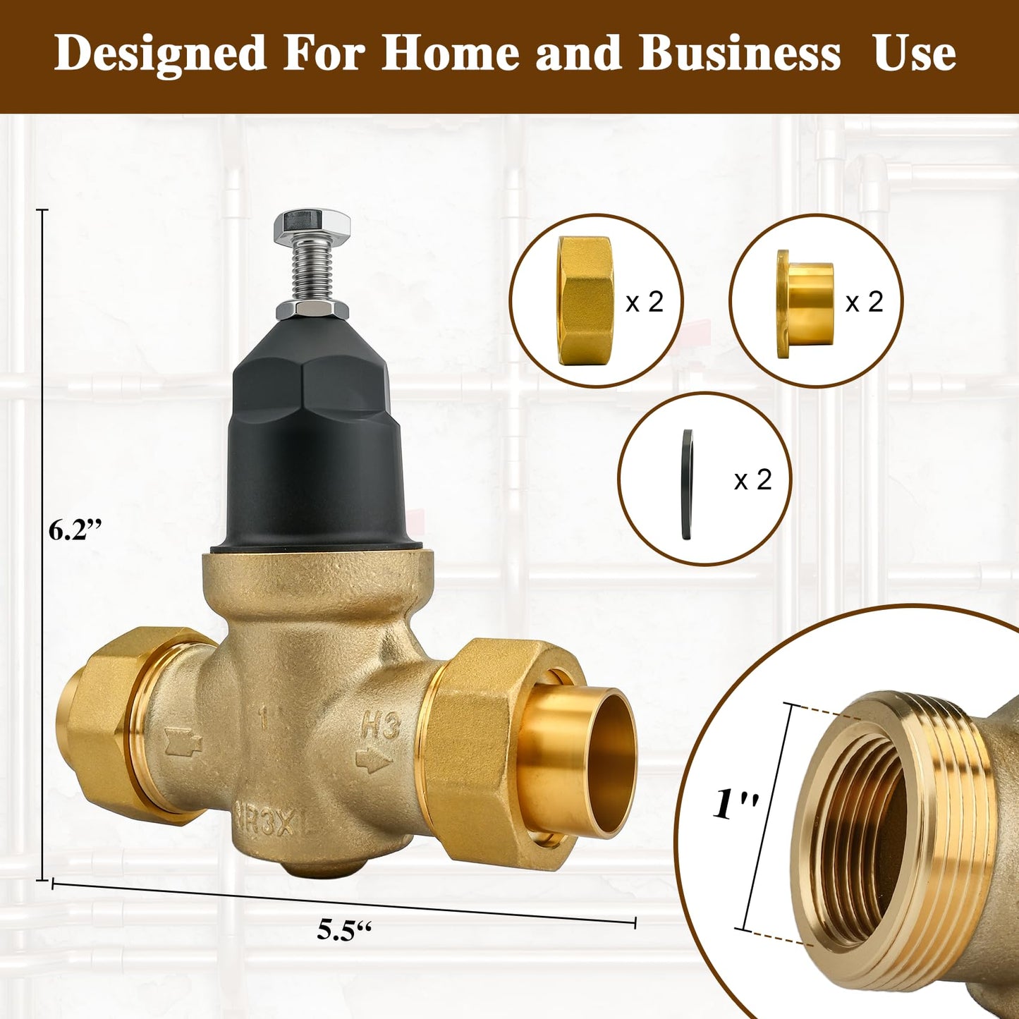 1" NR3XLDU Water Pressure Reducing Valve, 1" NR3XL with Double Union FNPT Connection, No Lead Water Pressure Regulator for Home & Commercial Use