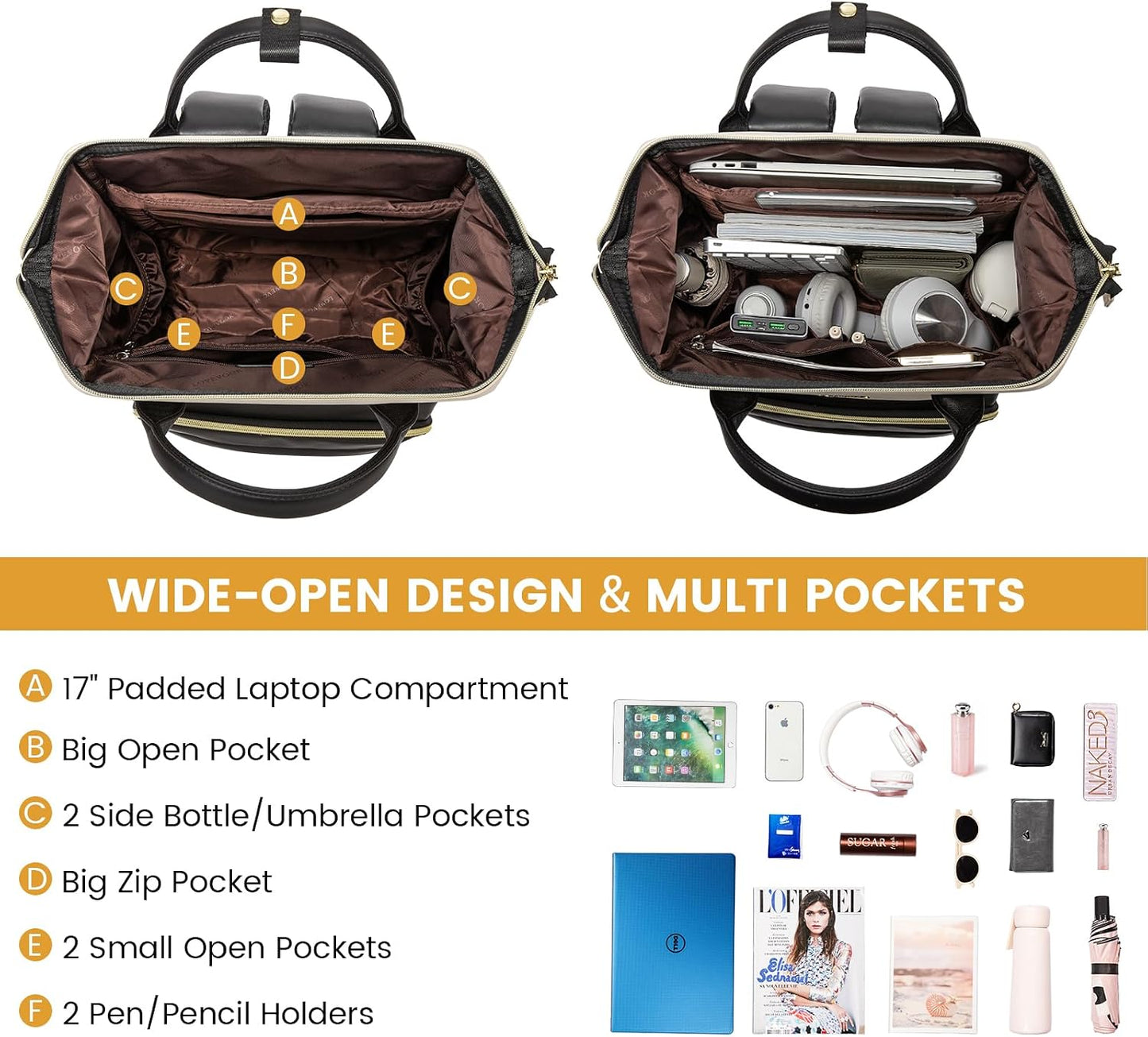 Backpack 17 inch LOVEVOOK Leather Laptop for Women, Professional Work & Travel Bag, Brown