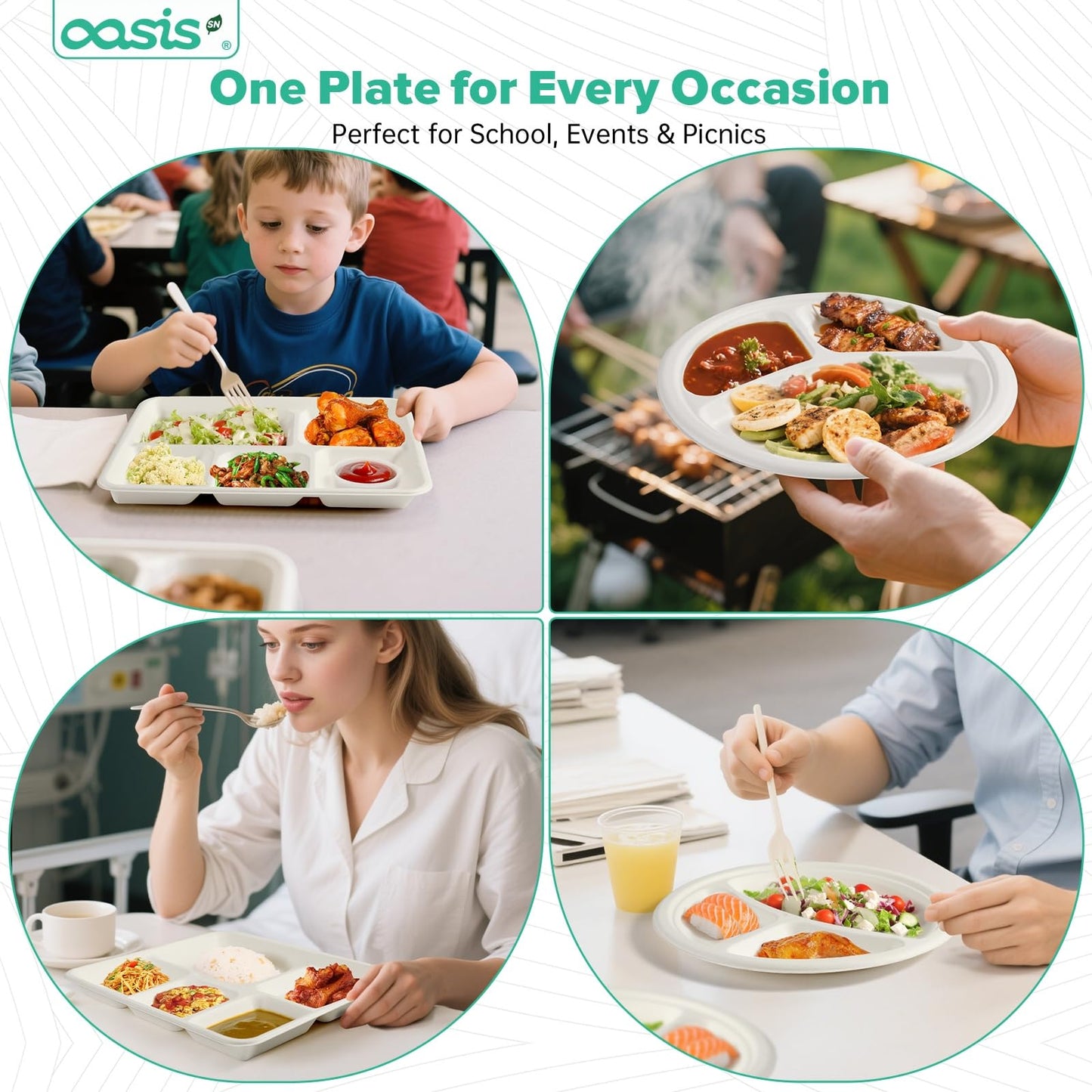 OasisSN 10x8 128-Pack 5-Compartment Divided Plates, Ideal for Light Meals, Kids Lunch, Meal Prep & Party, Heavy Duty Compostable Bagasse Plates, Microwave Safe, White