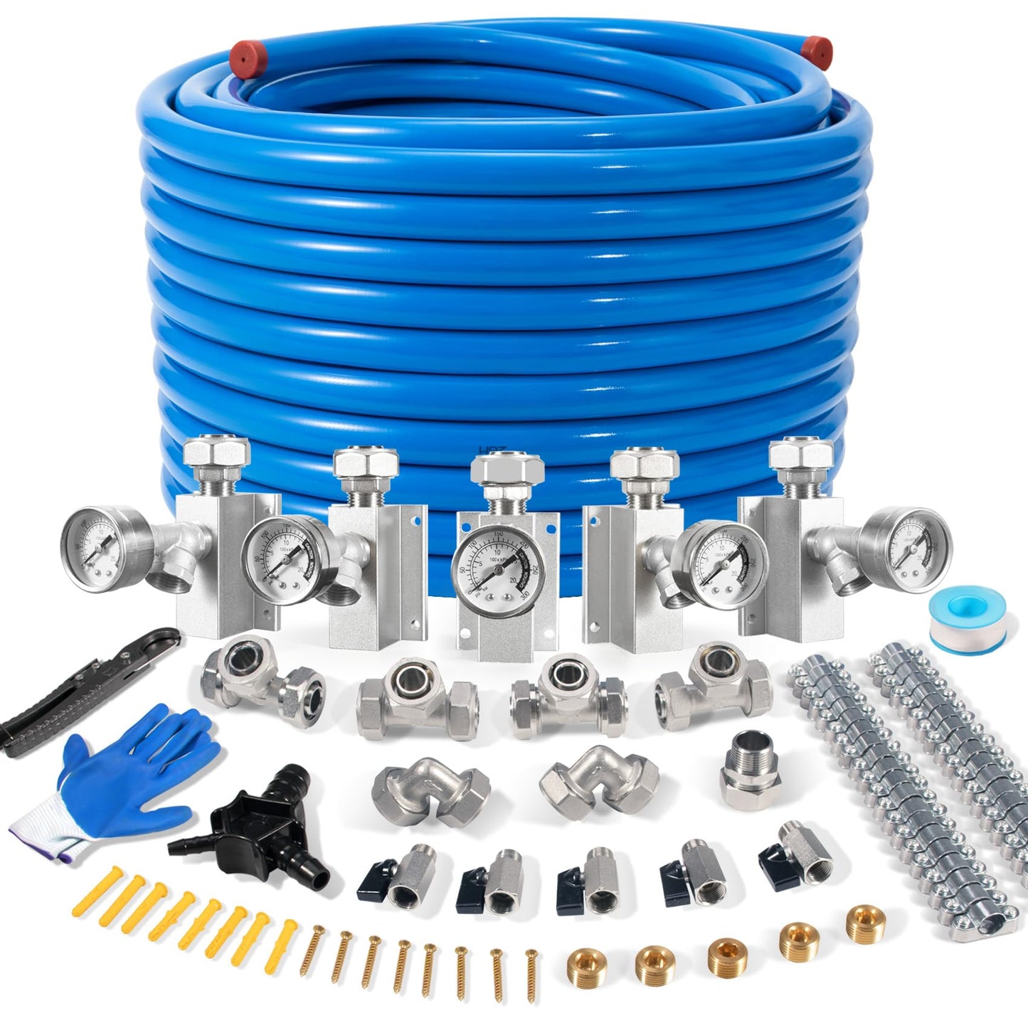 3/4" × 200ft Pressure Gauge Shop Air Line Kit, HDPE-Aluminum Compressed Air Line Kit with Tee & Elbow Fittings, 3/4 Rapid Air System for Garage Air Compressor, Leak-Proof & Easy
