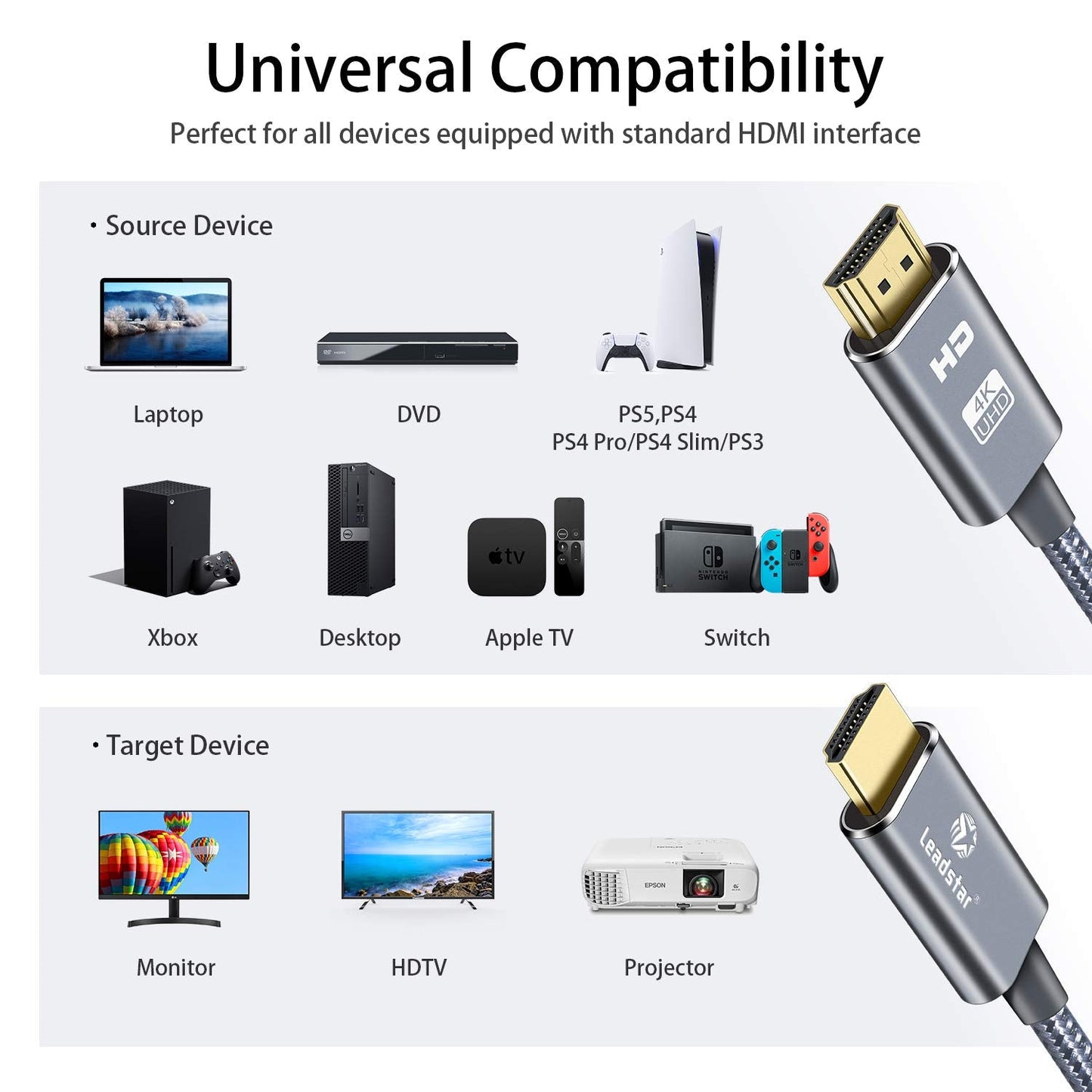 4K 25 /7.5m, 2.0 4K@60Hz, 2160p, 3D, 2.2 PS5, LEADSTAR HDMI Cable ft High Speed HDMI Cord Braided | Ultra HD, ARC, HDR