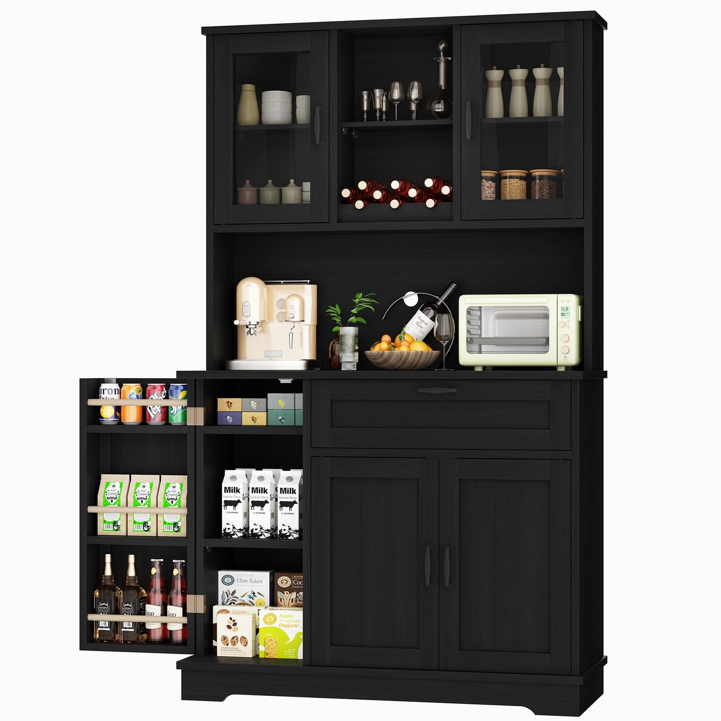 Shintenchi Kitchen Pantry Storage Cabinet, Freestanding Buffet Cabinet with Microwave Stand & 4 Door Shelves, Kitchen Hutch with Doors, Adjustable Shelves and Wine Rack, Black