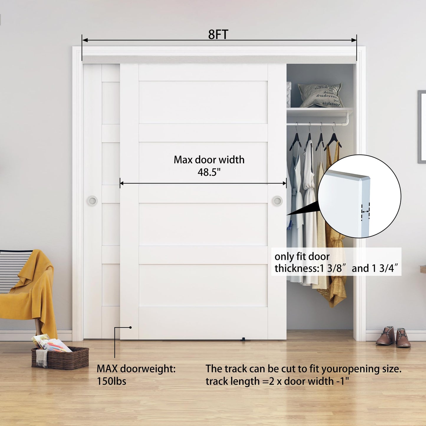 BARNSMITH 8FT/96 Bypass Door Hardware,Heavy Duty Aluminum Sliding Closet Door Hardware with Finger Pulls for 2 Doors System,Sturdy and Smoothly,Fit Door Thickness 1 3/8" or 1 3/4",Easy to Insatll