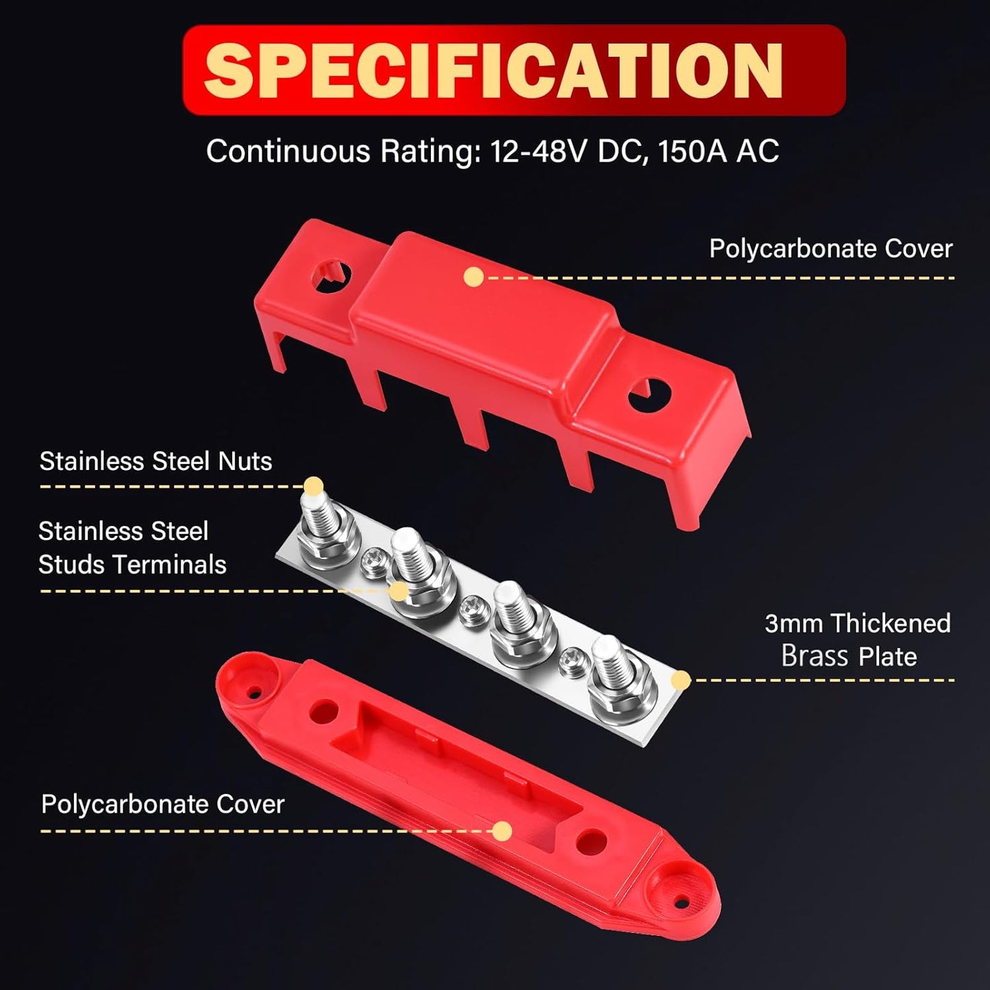 12V 150A 5/16" 12-48V FEITON Power Distribution Block, Bus Bar, Studs Terminal Strip, Heavy Duty Terminal Block