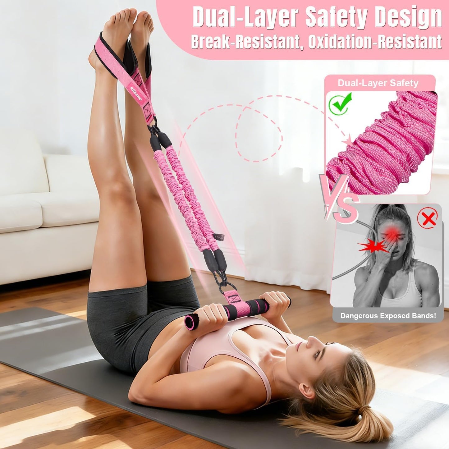 KUZARO Upgraded Multifunction Pedal Resistance Band with Handle, 3 Tube Adjustable Resistance Bands for Abdomen, Waist, Arm, Core/ABS, Leg Workout - Sit Up Exercise Equipment for Women