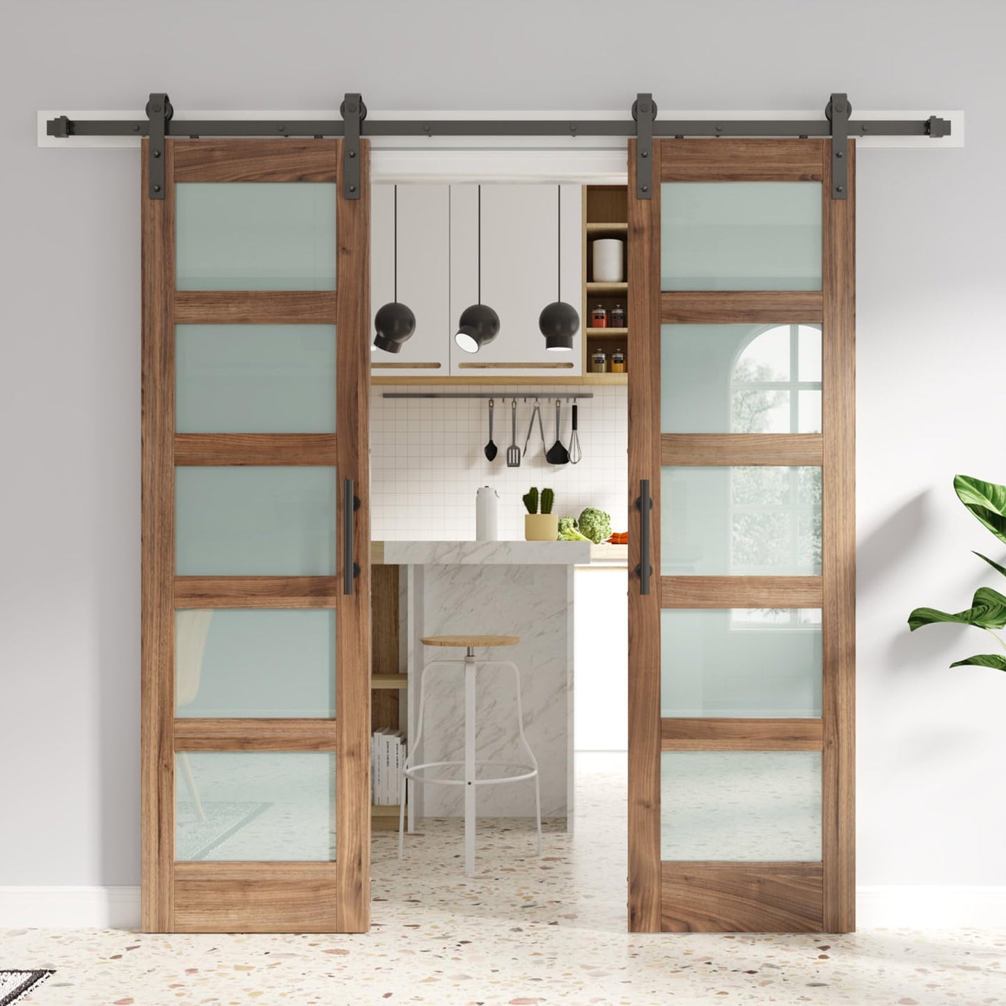 FREDBECK Double 24 x 84 inch Glass Barn Doors 48inch Barn Door with 8FT Hardware Kit & Handle Included,5-Panel Frosted Glass,LVL Wood Panel,Water-Proof PVC Surface,Pre-Drilled Holes,Need Assembly