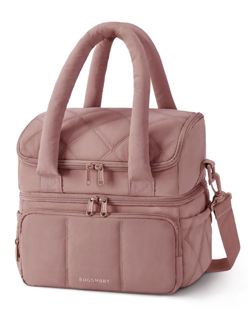 BAGSMART Lunch Bag Women, Double Deck Insulated Lunch Box, Quilted Puffer Lunch Tote, Leakproof, Durable & Reusable Large Lunch Cooler For Work Picnic Travel Meal Prep, Dark Pink
