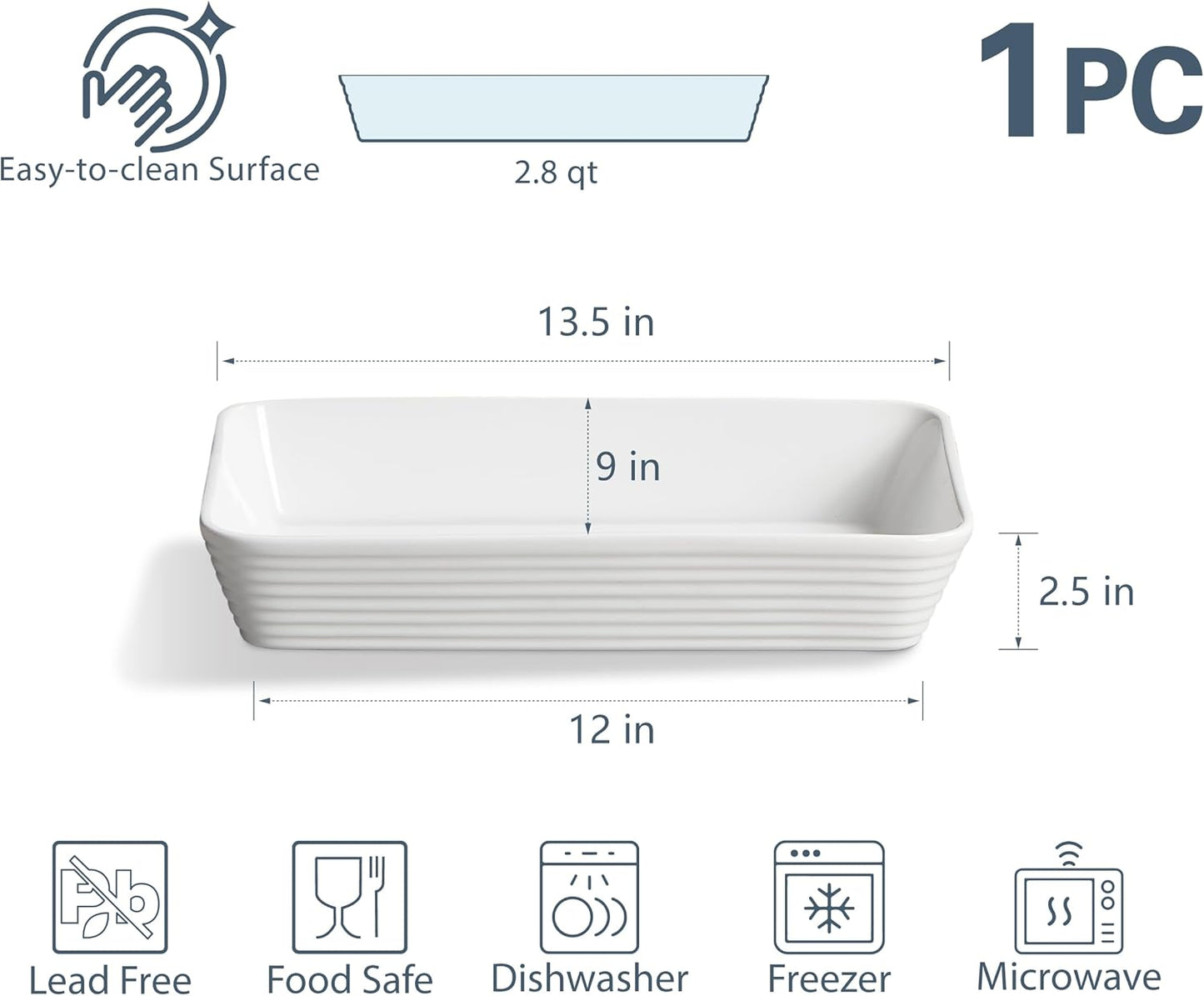 ONEMORE Ceramic Baking Dish - 9x13 Large Rectangular Casserole Pan for Lasagna & Family Meals - Ribbed White Bakeware