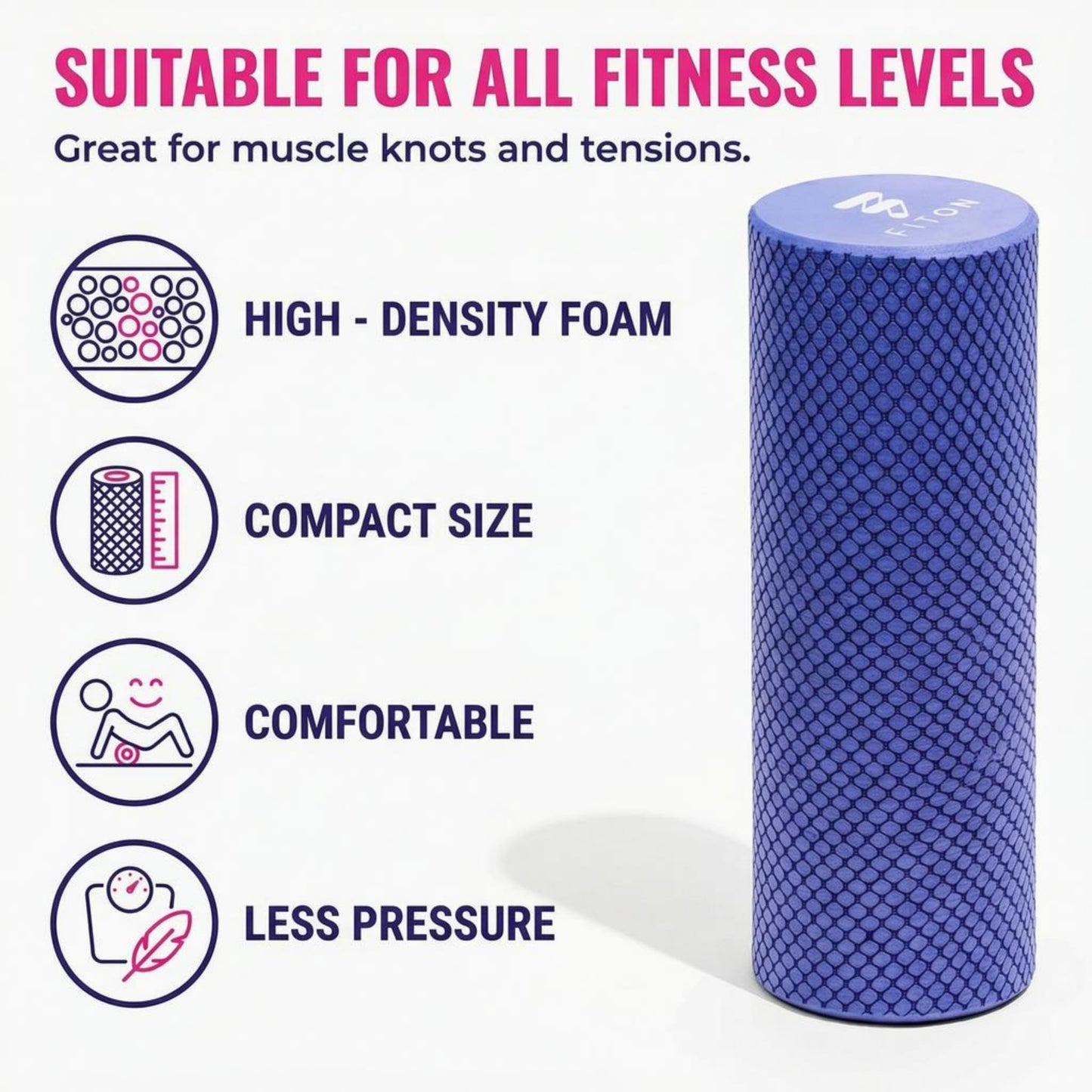 FitOn Foam Roller for Muscle Recovery - Compact and Portable, High-Density Foam Roller for Back Massage & Deep Tissue Relief and Home Exercise, Ideal for Use on Neck & Leg Soreness, 12"x4", Purple