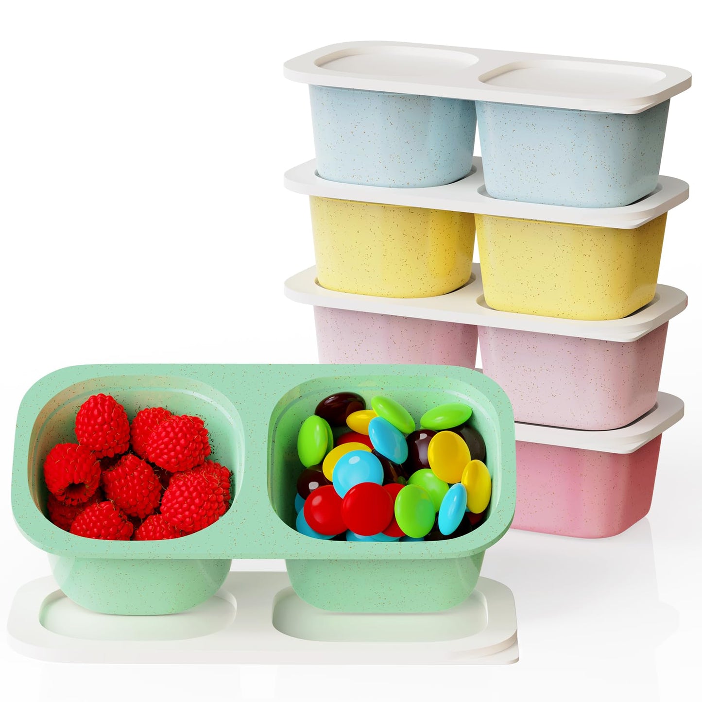 Reusable Snack Containers with Lids for Kids-Classic Color 5 PACK, [UNIQUE DESIGN 2-COMPARTMENT] BPA-Free/Microwave/Dishwasher Safe, Snack Bowls Container for On-the-Go Meals,Camping and Travel