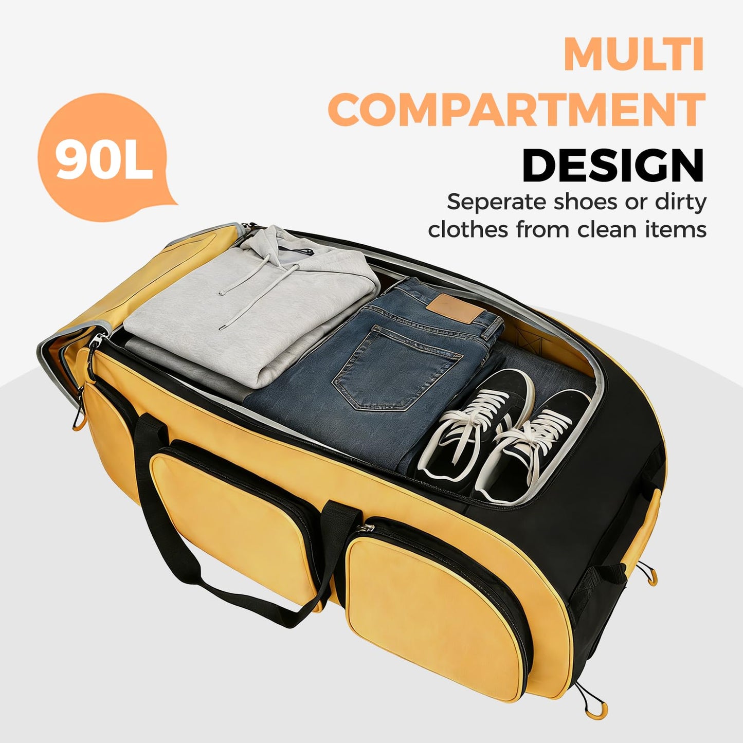 Searock 90L Rolling Duffle Bag with Wheels and Handle, 31” Large Duffle Bag for Travel, Carry On Luggage Duffel Bag with Shoe Compartment, Multi-Pocket, Water Resistant, Yellow