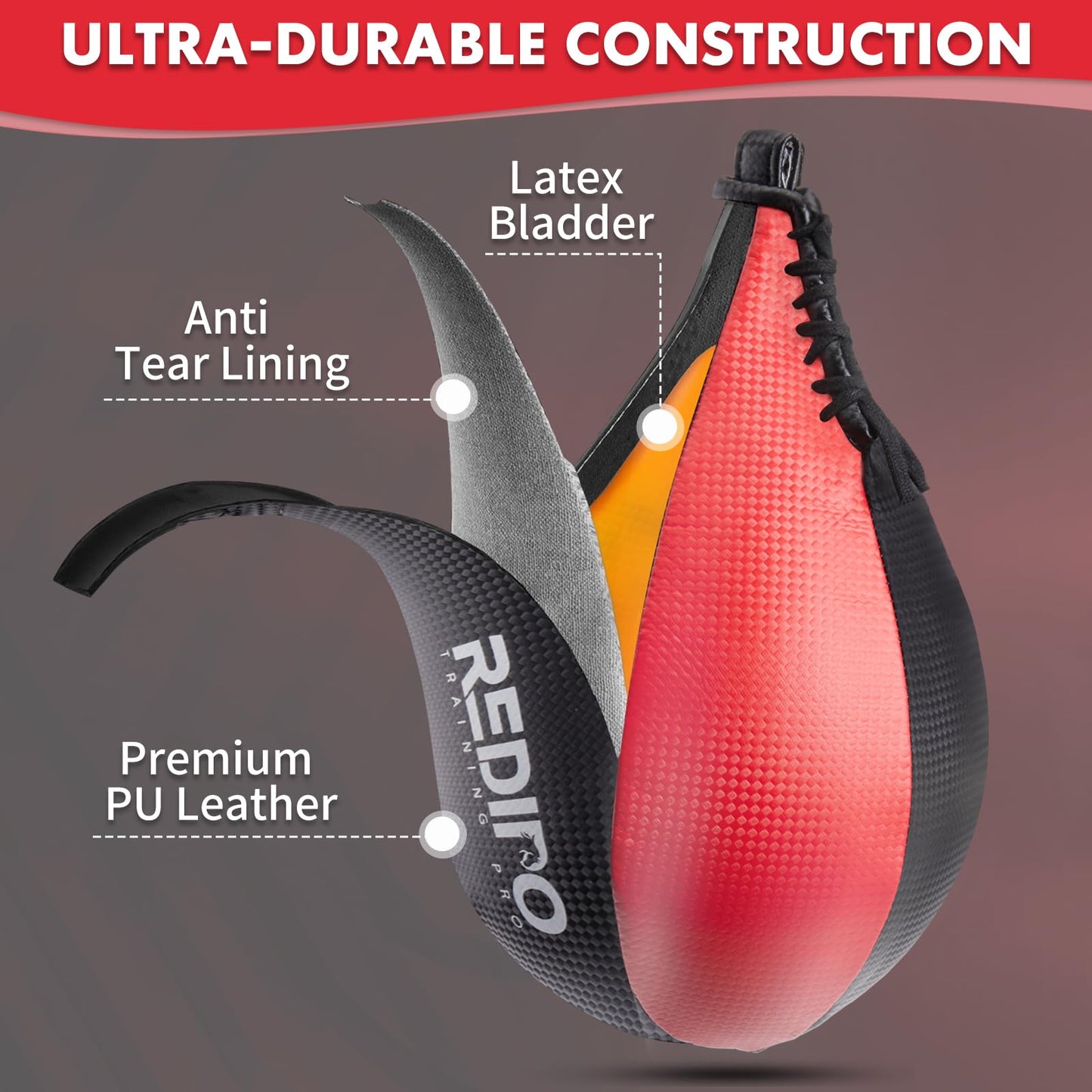 Redipo Boxing Speed Bag - PU Leather Speed Punching Bag, MMA Training Reflex Ball Boxing Equipment, Punching Bag Workout Kicking Training Home Gym Exercise Speed Ball (Black&Red)