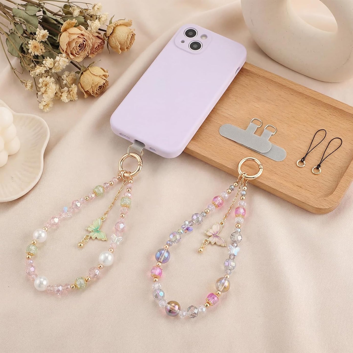 2 BESARME Pcs Phone Charm Wristlet with Crystal Beads and Butterfly Pendant, Includes Tether Tab for Easy Attachment